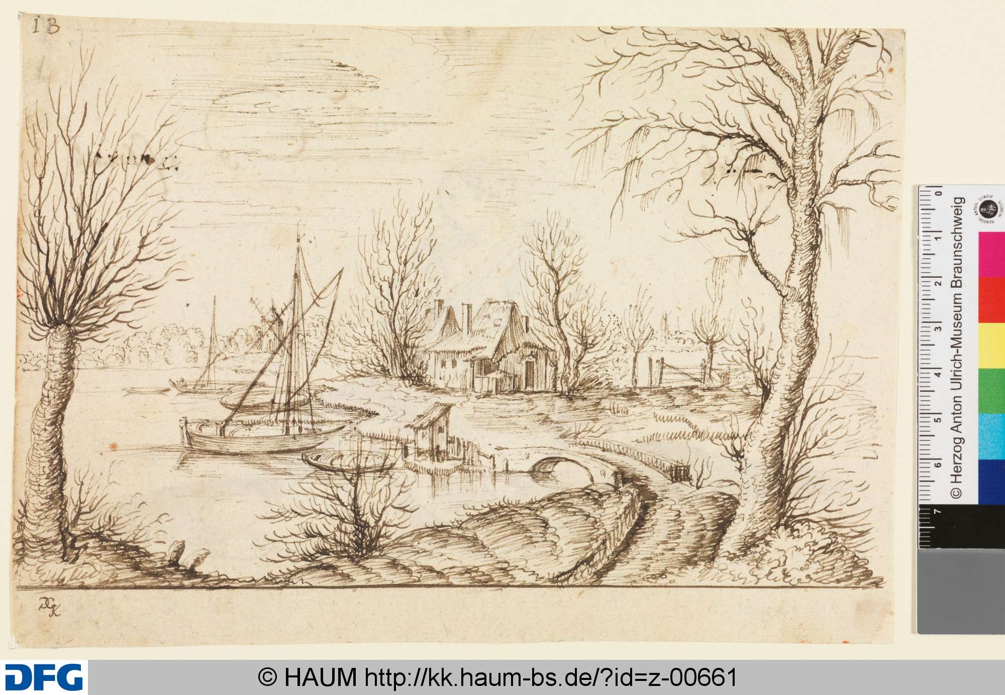Flußlandschaft mit Booten und Hütten, 17th century