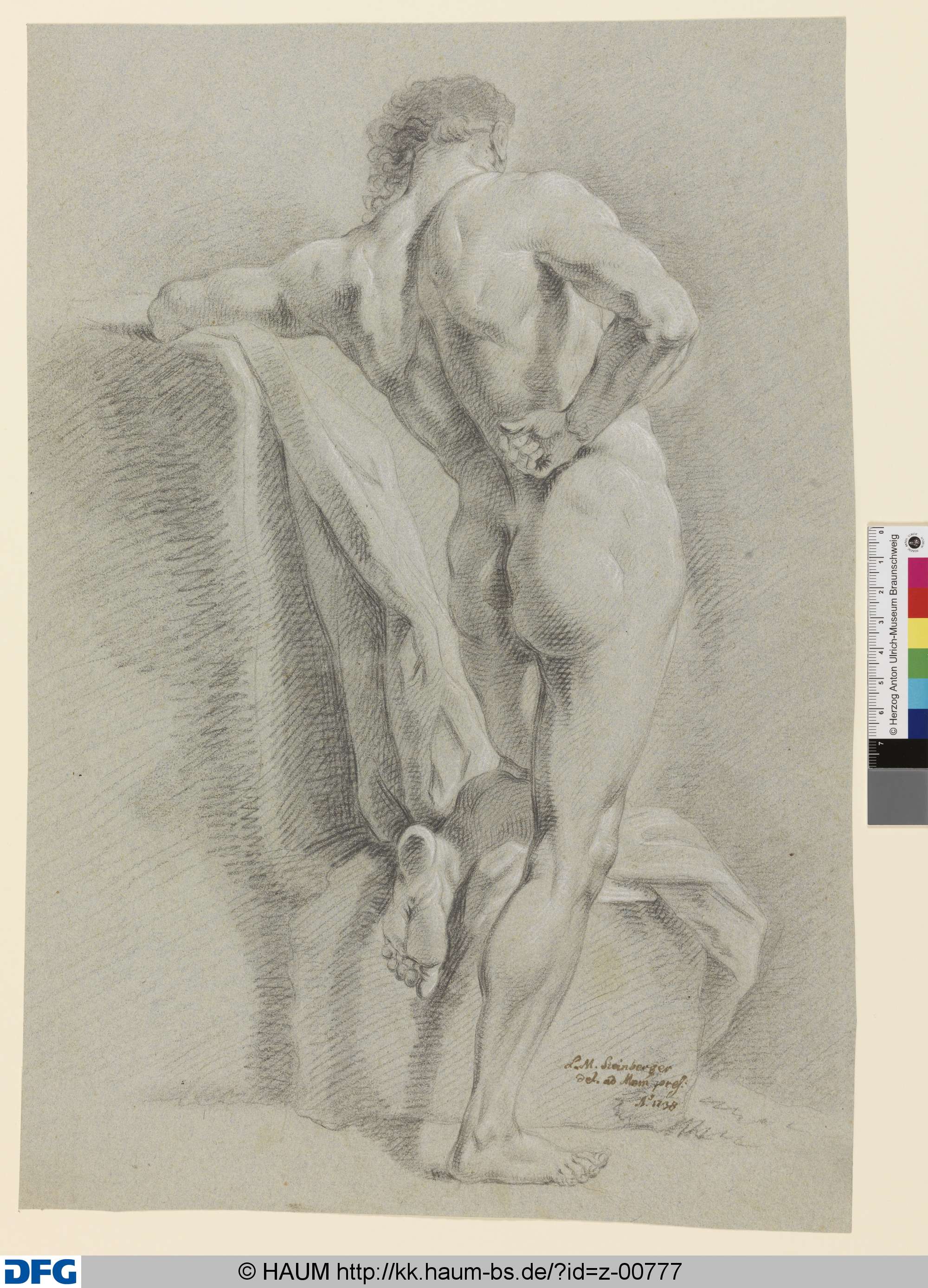Rückenansicht eines stehenden männlichen Aktes, Leonhard Michael Steinberger, 1736