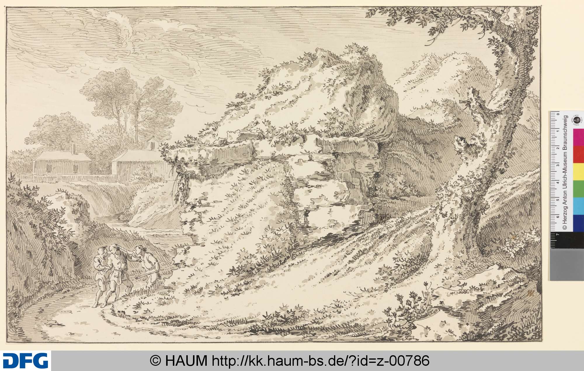 Landschaft mit hohen Erdwällen und drei streitenden Männern, Pierre Alexandre Wille, 1768–1837