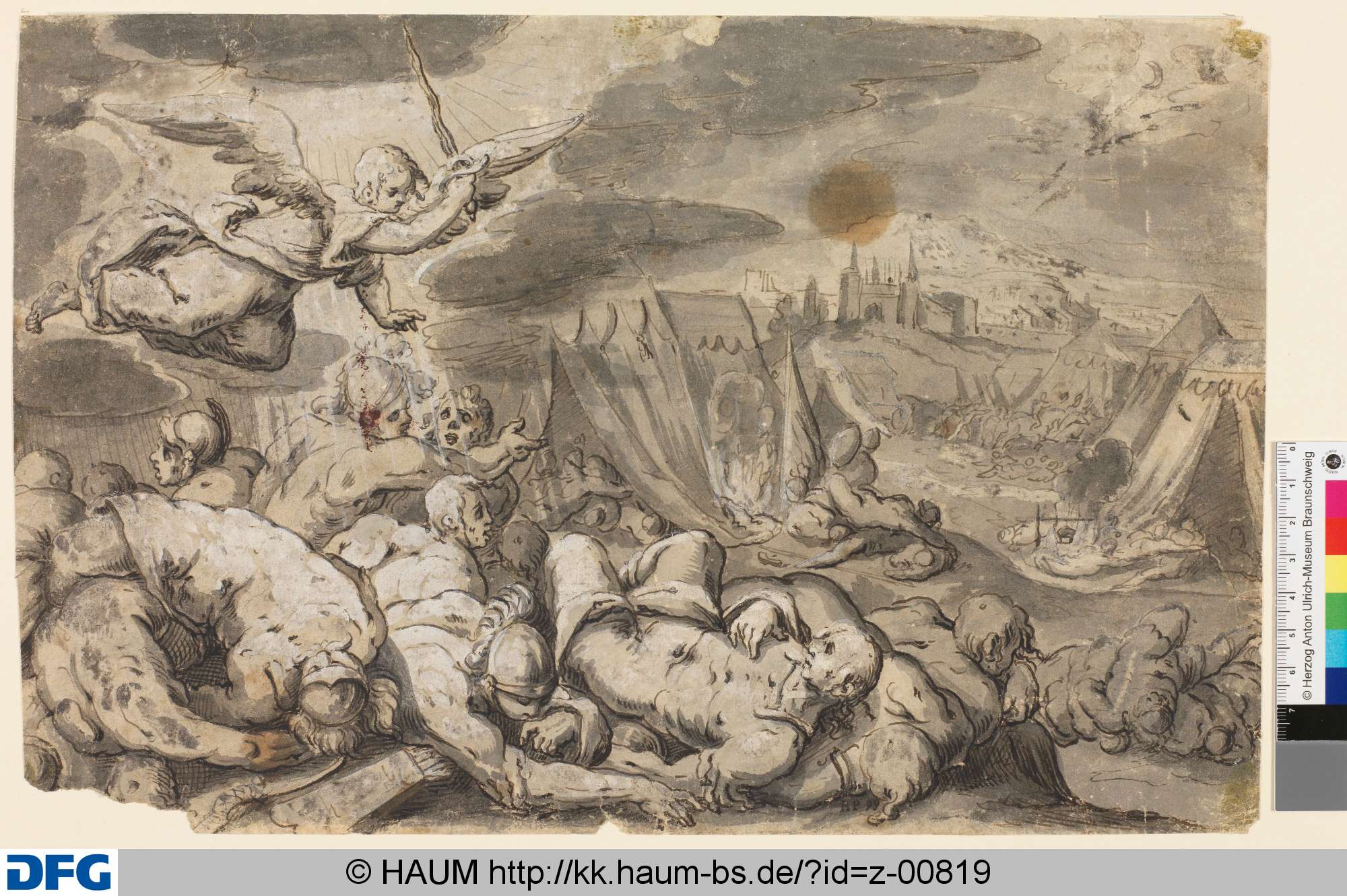 Engel mit Schwert über einem mit Leichen bedeckten Kriegslager schwebend, 17th century