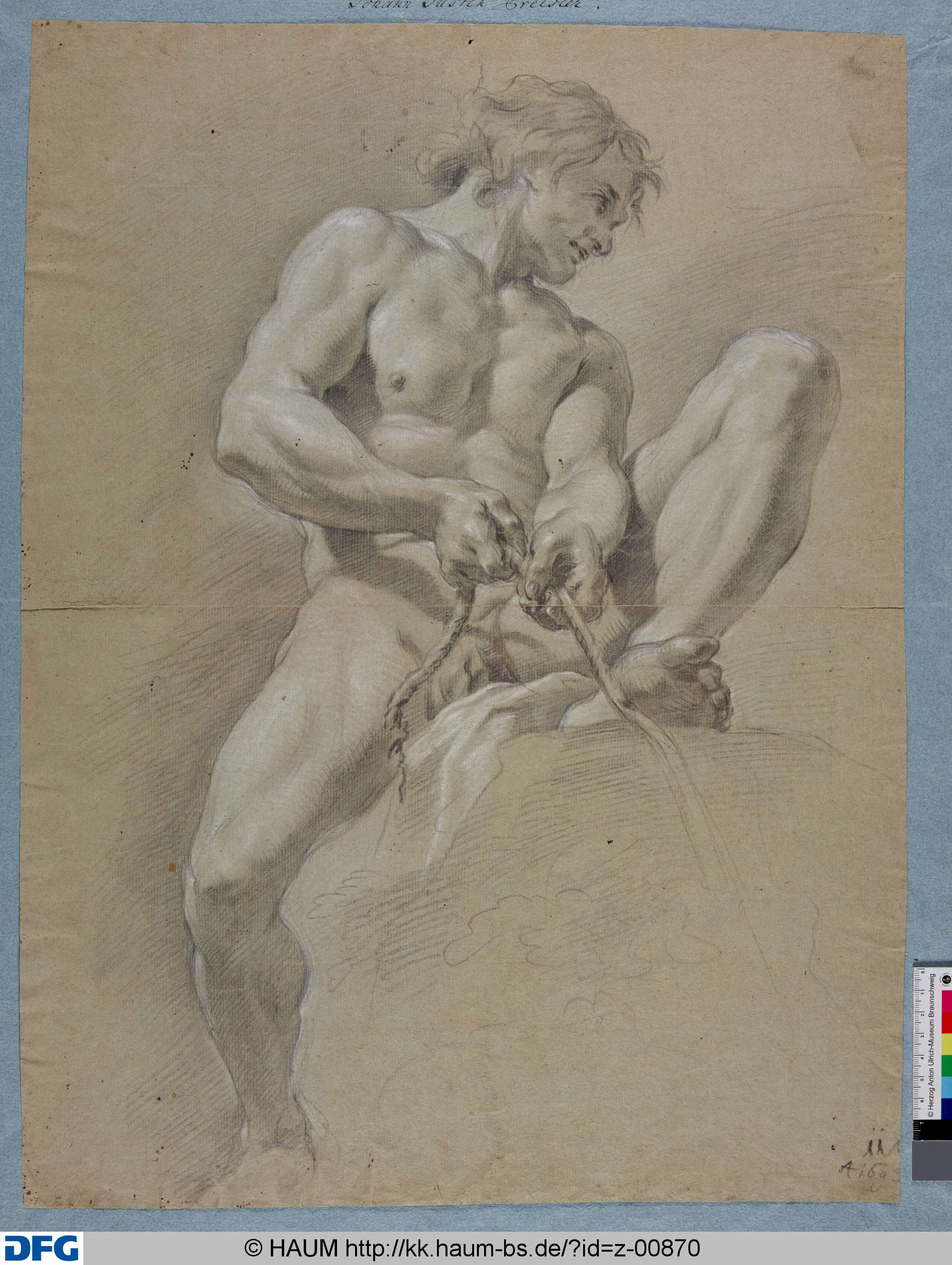Sitzender männlicher Akt von vorn, ein Seil haltend, Johann Justin Preißler, 1693