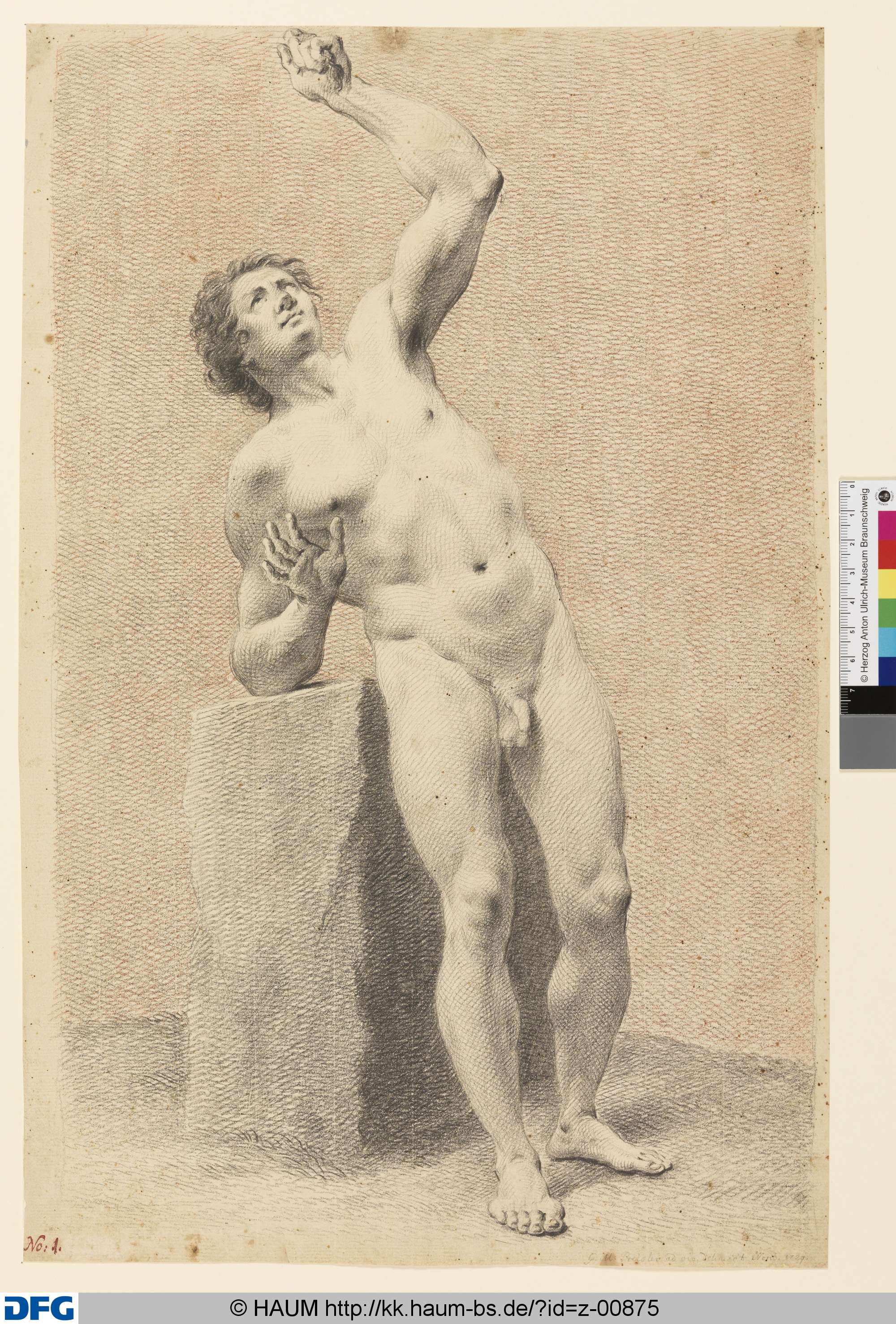 Stehender männlicher Akt, empor blickend, vor gerautetem Grund, Георг Мартин Прейслер, 1729
