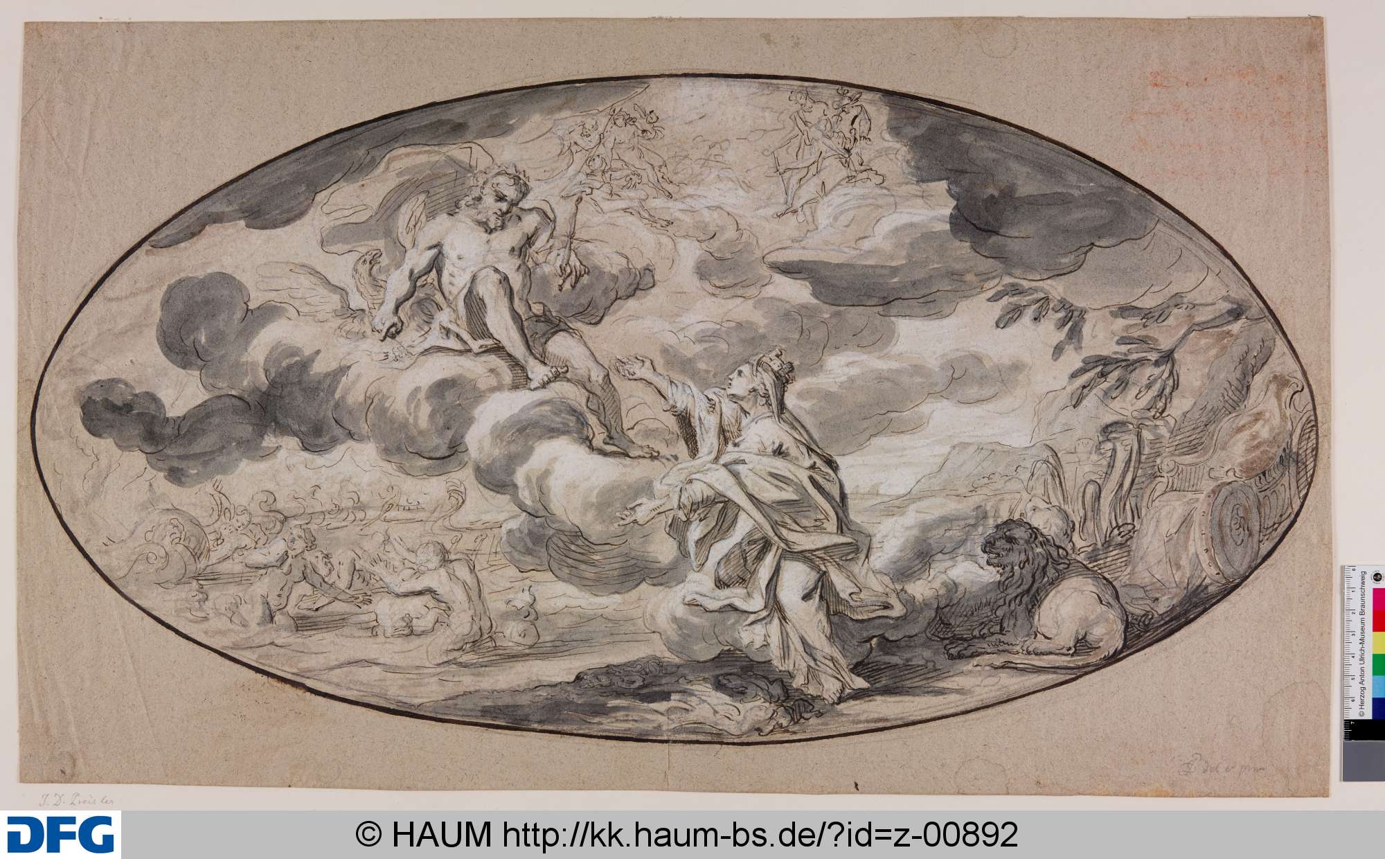 Allegorie der Stadt Venedig (?) Gekrönte Frau mit einem Löwen kniet am Meeresufer vor dem auf Wolken sitzenden Zeus, Johann Daniel Preißler, 1686–1737