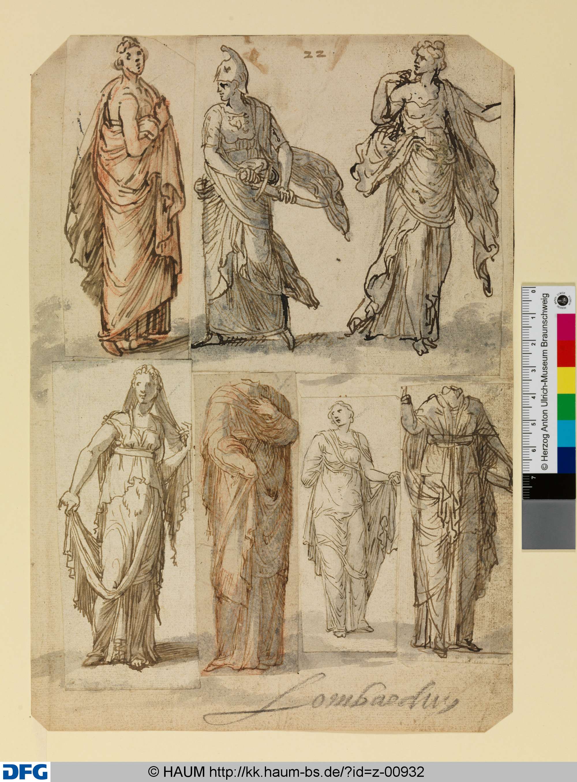 Sieben antike weibliche Statuen (sechs Zeichnungen ausgeschnitten und auf einem Blatt montiert), Lambert Lombard, 1525–1566