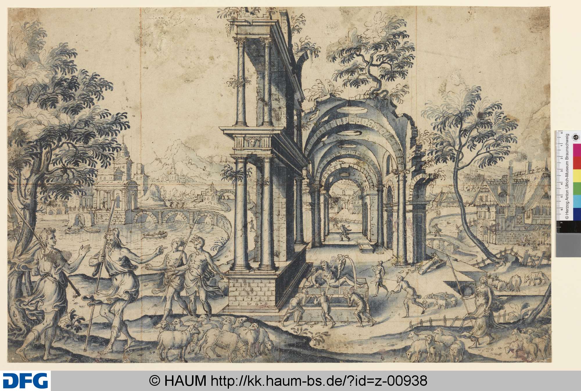 Landschaft mit antiken Ruinen und Schafhirten (Jacob und Rahel am Brunnen), Cornelis - Umkreis Floris, 1533