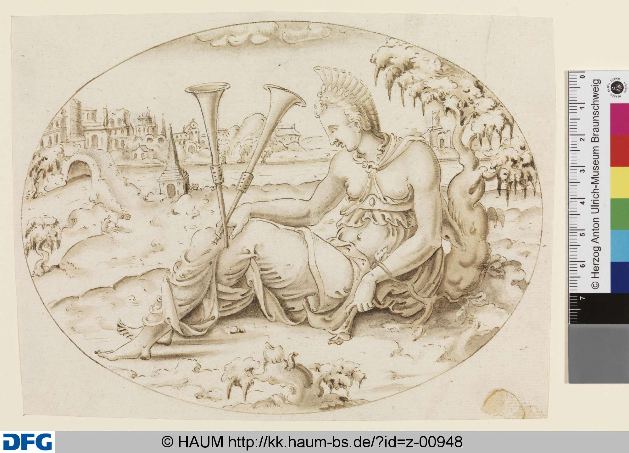 Sitzende Frau mit Pommer, 1545–1555