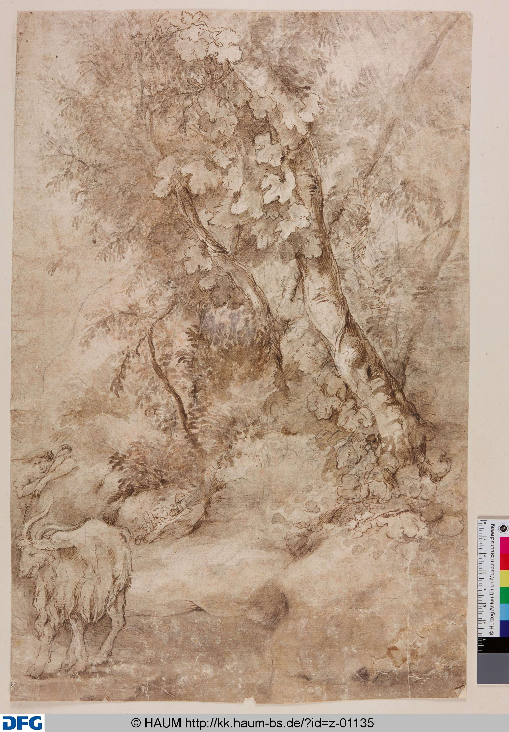 Landschaftsstudie mit einem Abhang mit Bäumen, davor ein Hirte und ein Ziegenbock an einem Wasserlauf, Salvator Rosa, 17th century