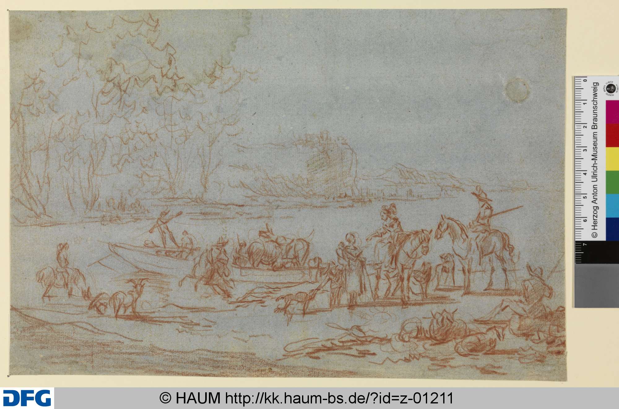 Jagdgesellschaft am Fluß mit anlegender Fähre, Nicolaes Pieterszoon Berchem, 1640–1683