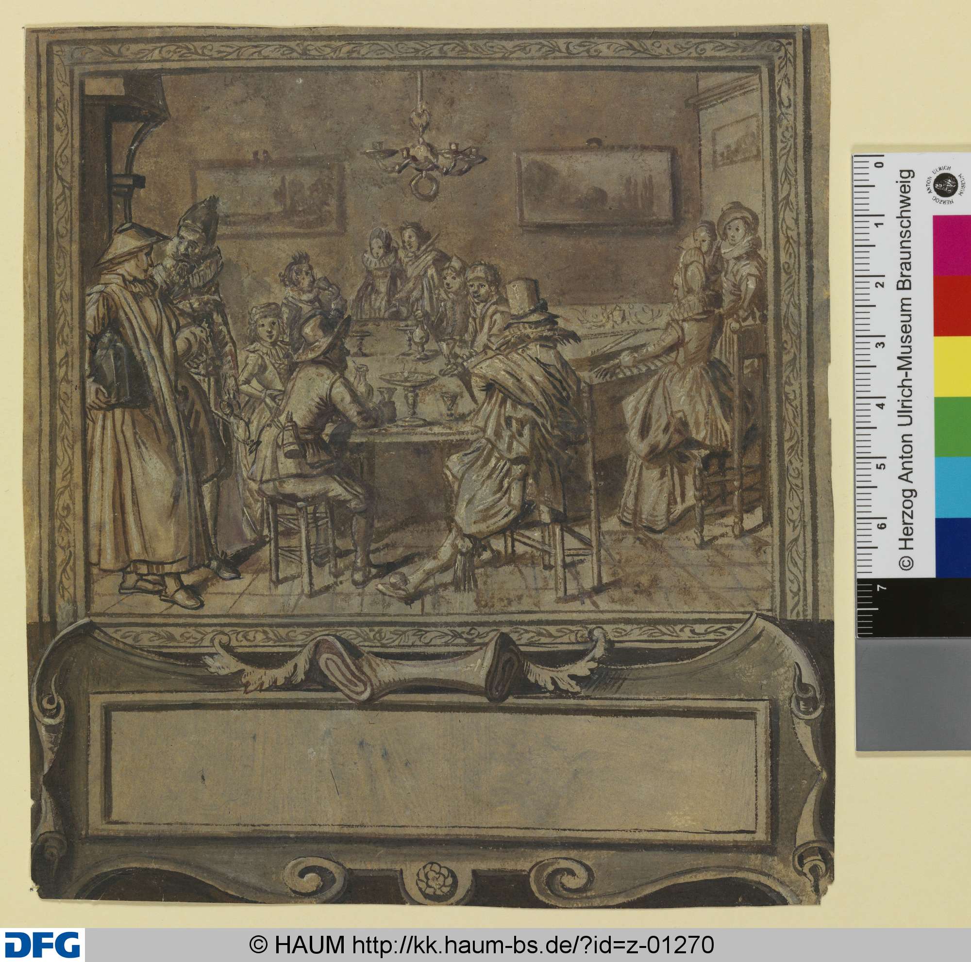 Große Gesellschaft mit einer Spinettspielerin, als Bild im Bild, gerahmt über einer Kartusche mit leerer Inschriftentafel, 1611–1656