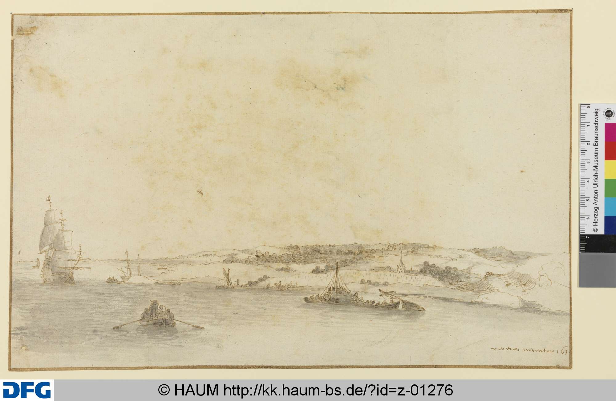 Segelschiff, Ruderboot und Wrack eines Segelschiffs, im Hintergrund hügelige Landschaft, Abraham de Verwer, 1636