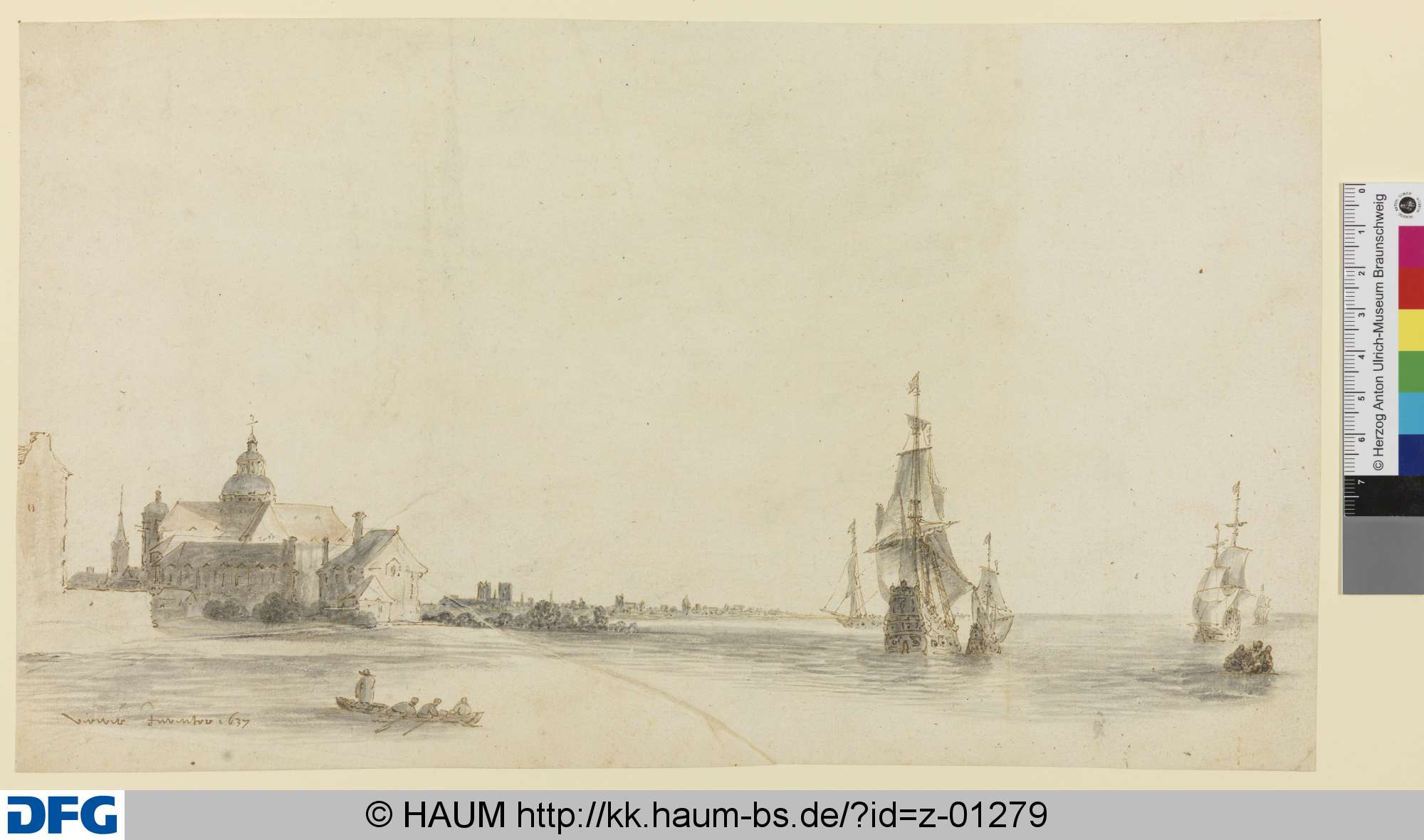 Kirche am Seestrand mit Seglern und Ruderbooten, im Hintergrund eine Stadt, Abraham de Verwer, 1637