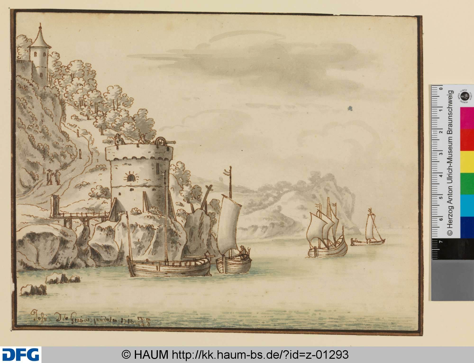 Landschaft mit Wachtturm am Wasser, 1710