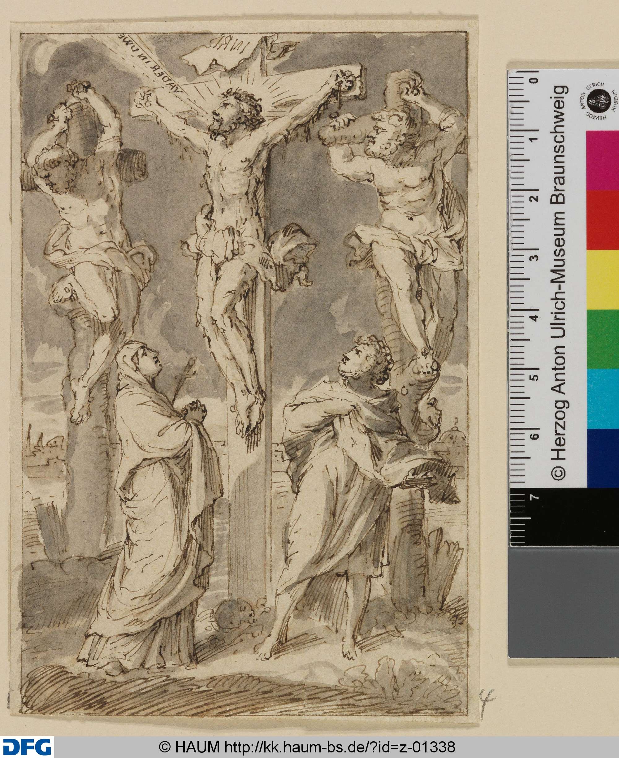Die Kreuzigung Christi. Mit Ausspruch: "VADER IN UWE" und Schriftzug "INRI" im Gegensinn, Jan Claudius de Cock, 1688–1736