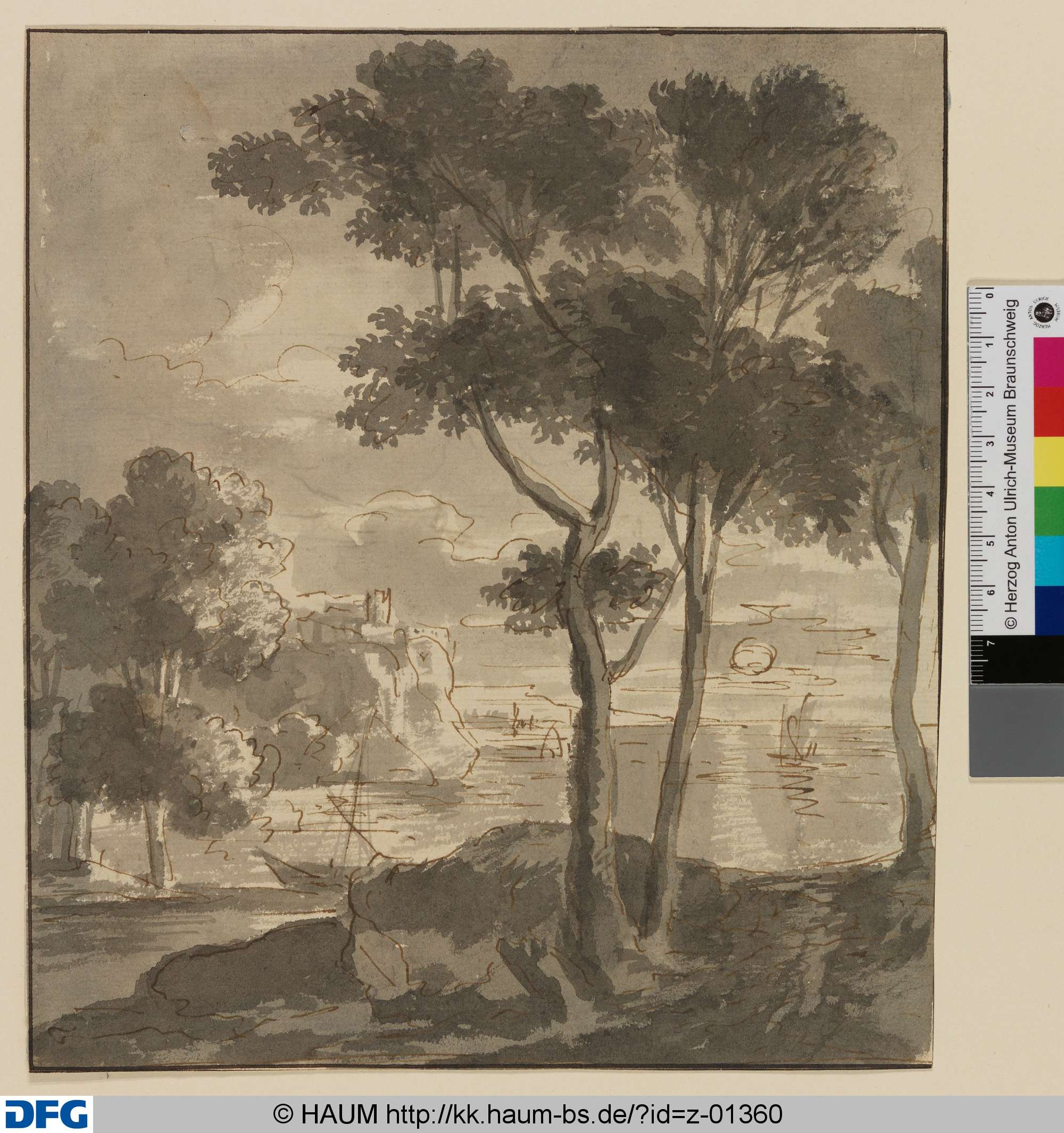 Küstenlandschaft bei Sonnenuntergang, drei hohe Bäume im Vordergrund, Jan Claudius de Cock, 1688–1736