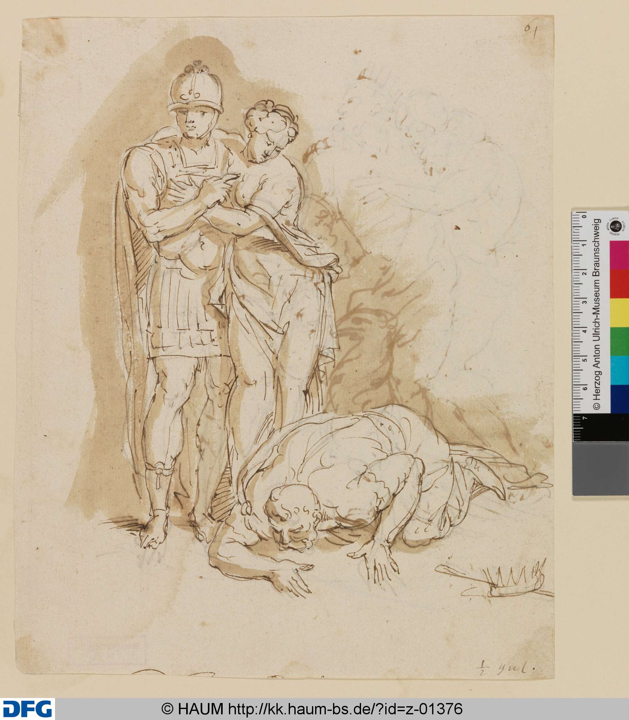 Ein Krieger mit einer jungen Frau, ihnen zu Füßen liegend ein alter König, Jan Claudius de Cock, 1688–1736