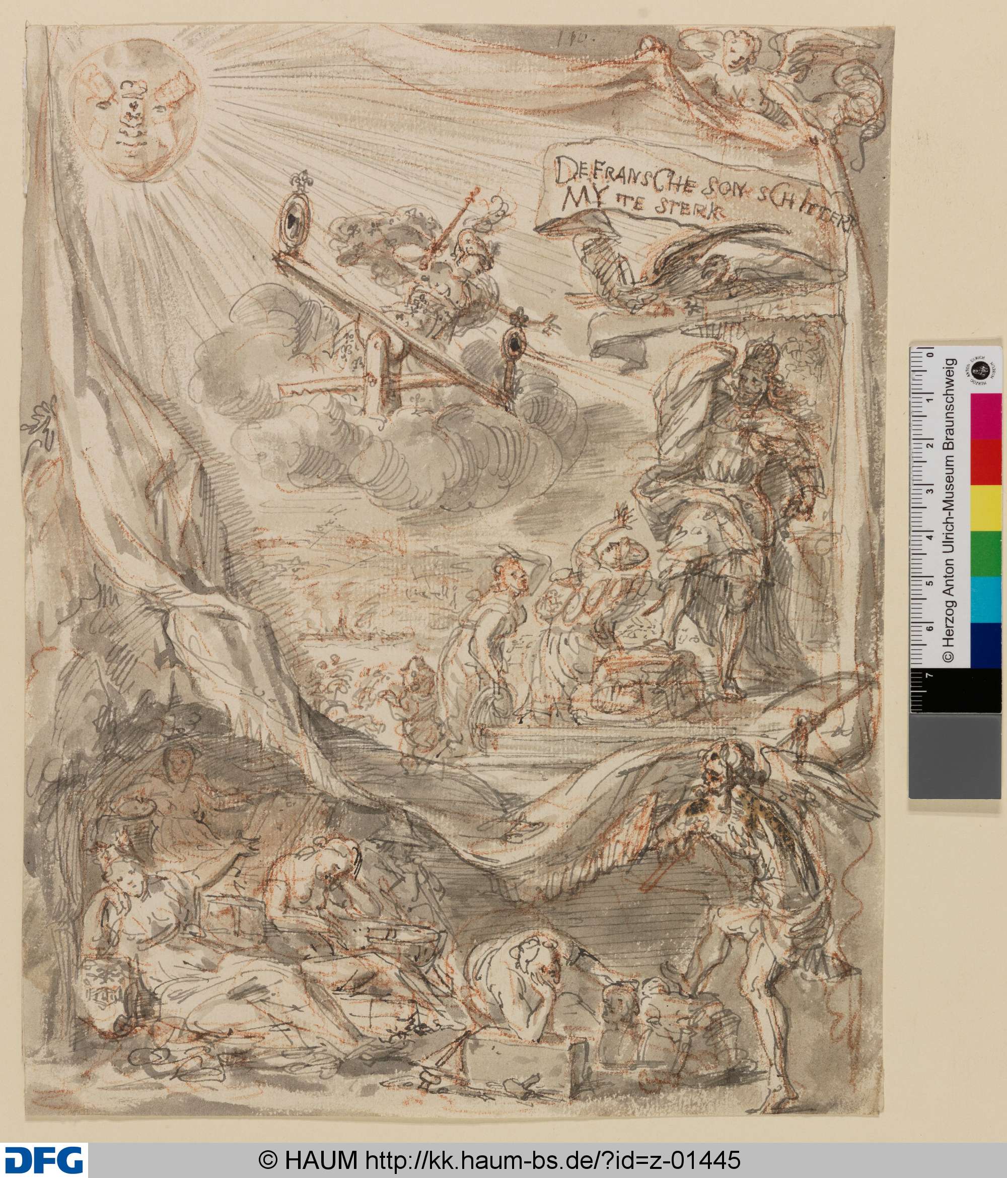Allegorische Darstellung mit Inschrift "DE FRANSCHE SON SCHITTERT MY TE STERK", Jan Claudius de Cock, 1688–1736