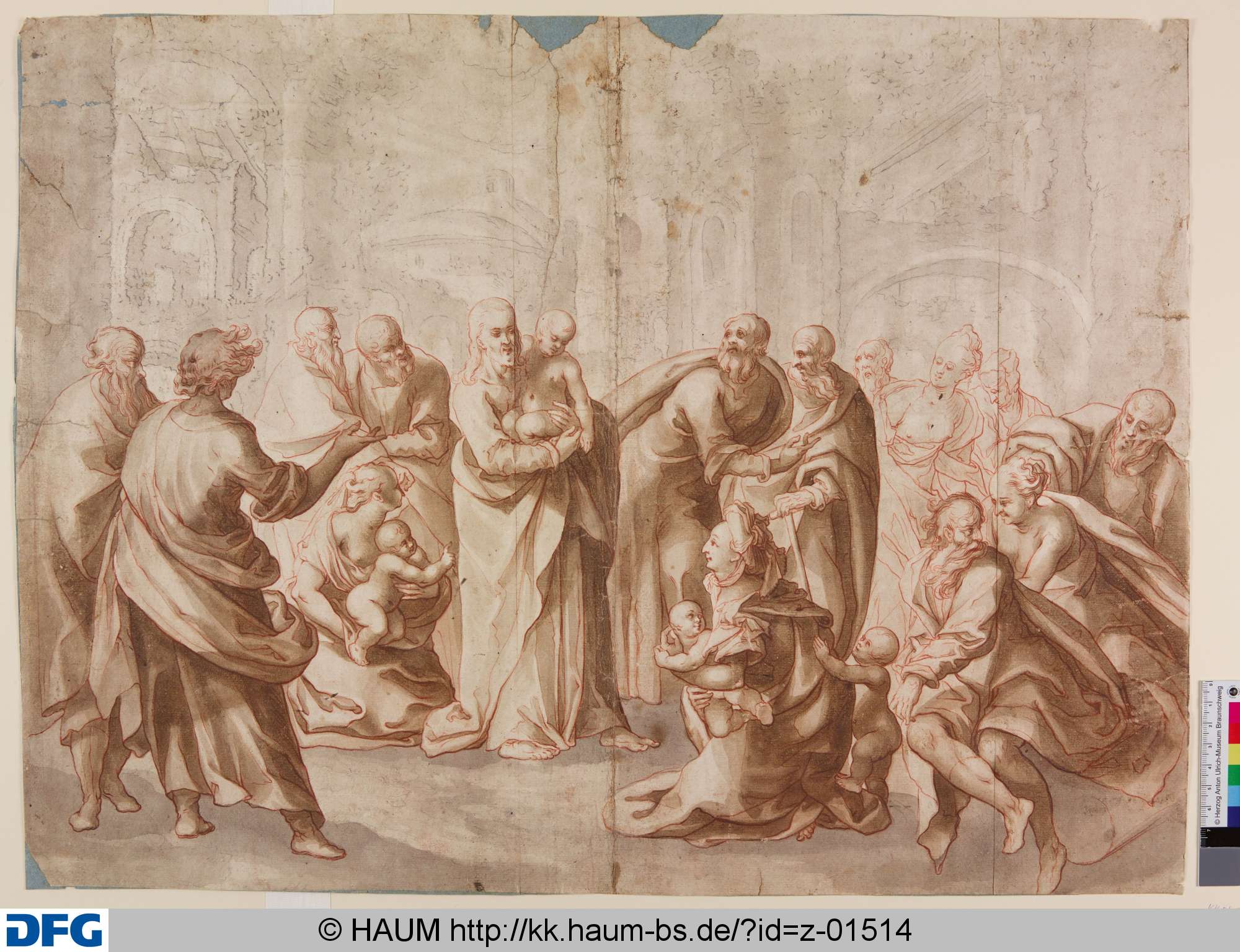 Christus als Kinderfreund in einem Ruinengelände, vorn eine Dame in Zeittracht, Philipp Rudolf Hübner, 17th century
