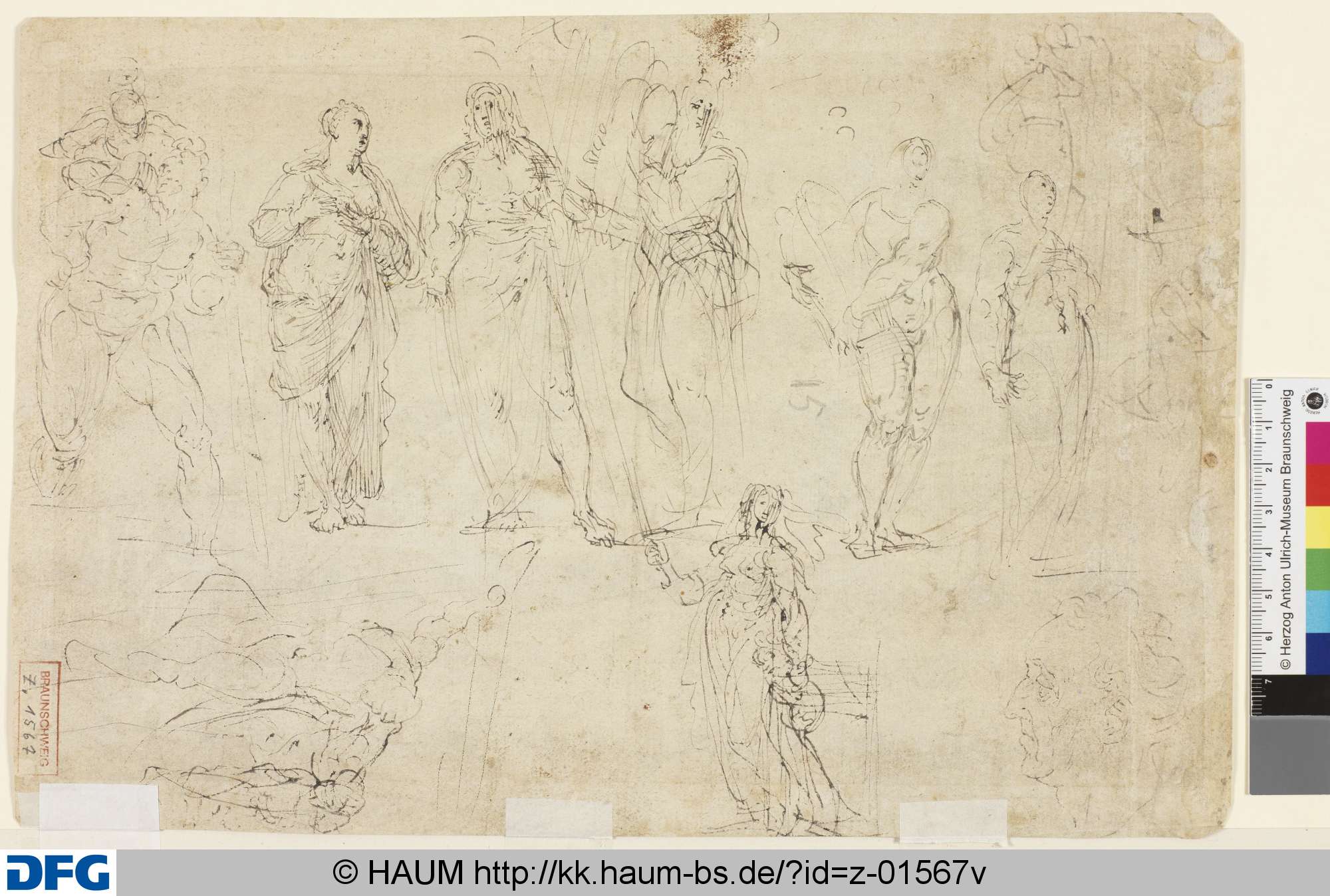 Skizzen zu stehenden weiblichen und männlichen Heiligen und alttestamentarischen Figuren (u.a. Hl. Christophorus, Moses, Judith); Kopf eines alten Mannes im Profil nach links, Jacopo Tintoretto, 16th century
