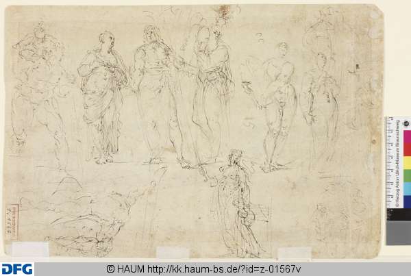 Skizzen zu stehenden weiblichen und männlichen Heiligen und alttestamentarischen Figuren (u.a. Hl. Christophorus, Moses, Judith); Kopf eines alten Mannes im Profil nach links, Jacopo Tintoretto, 16th century