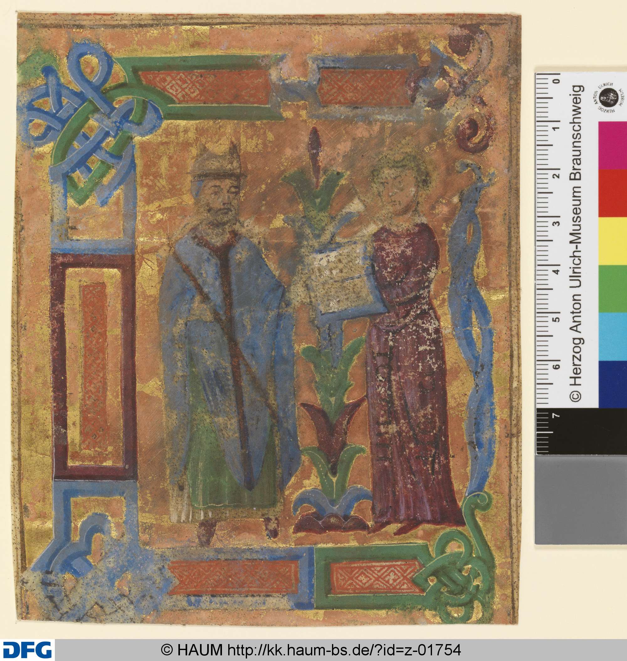 Widmungsbild in Initiale C: Einem Bischof wird von einem Autoren ein Buch dargereicht, 15th century