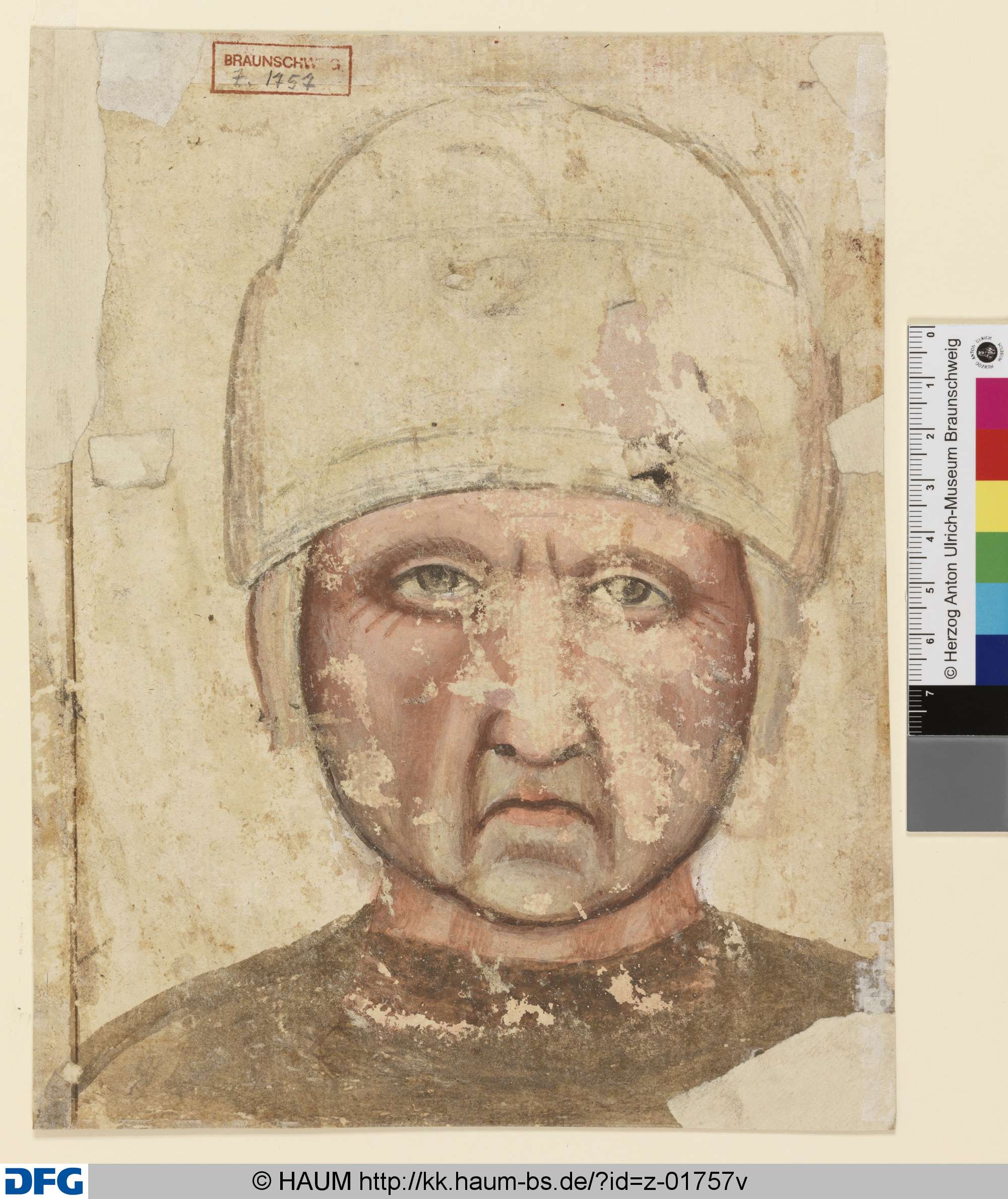Männerkopf mit weißer Mütze von vorn, 15th century
