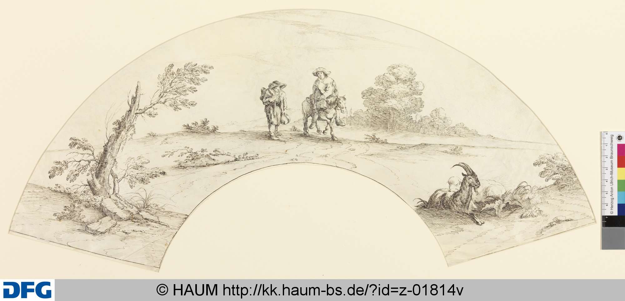 Zwei Bauernjungen zu Pferd und zu Fuß, links Baumstumpf, rechts Ziege und Schaf, Petronio Francesco Venturi, 1766