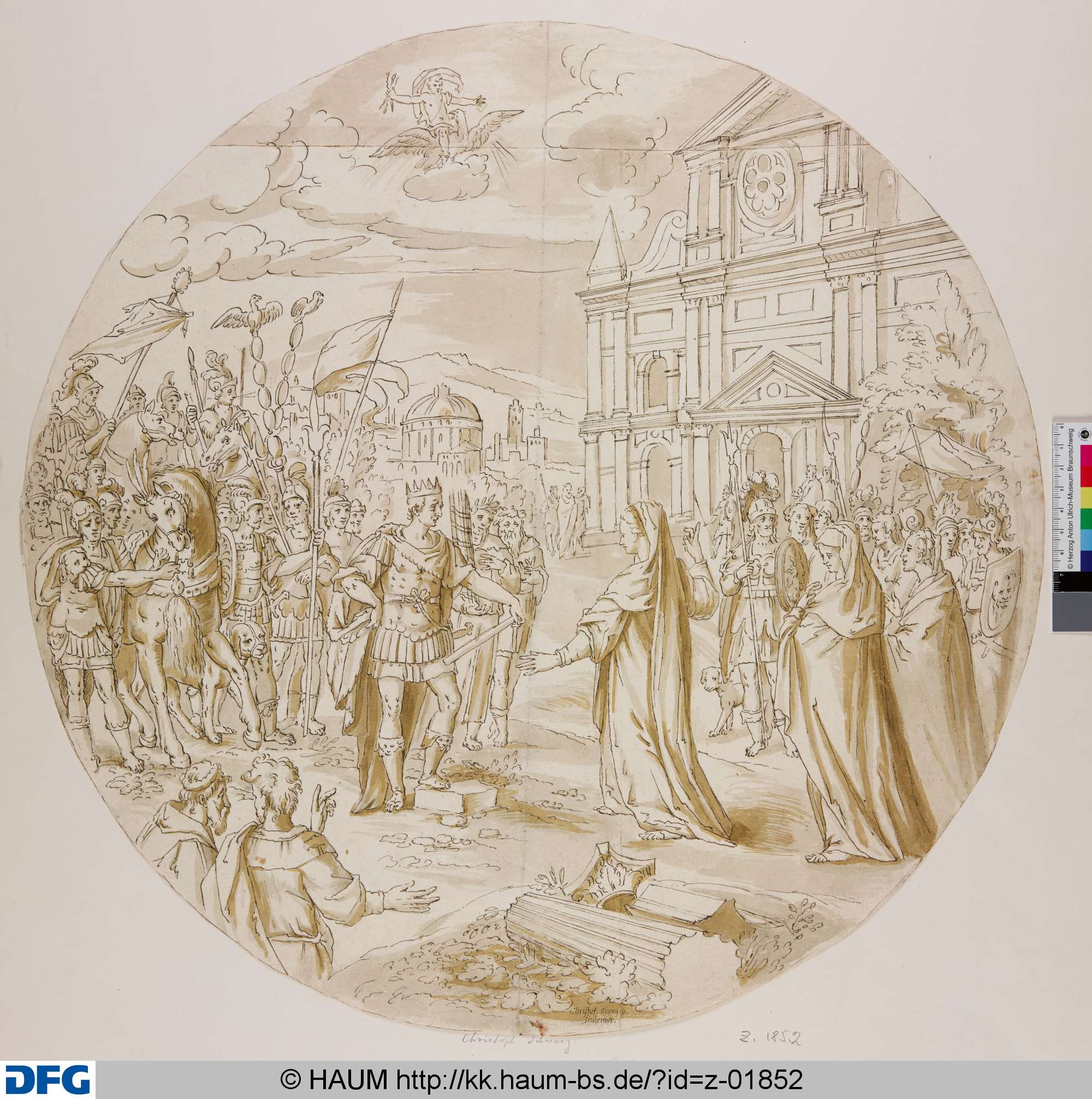 Aus der römischen Geschichte: Auf dem Platze vor einer Kirche mit Barockfassade steht an der Spitze seines Heeres ein gekrönter römischer Feldherr, ihm gegenüber eine Frau, hinter der noch 2 andere Frauen stehen. Im Himmel Jupiter auf dem Adler., Christoph Schwarz, 16th century