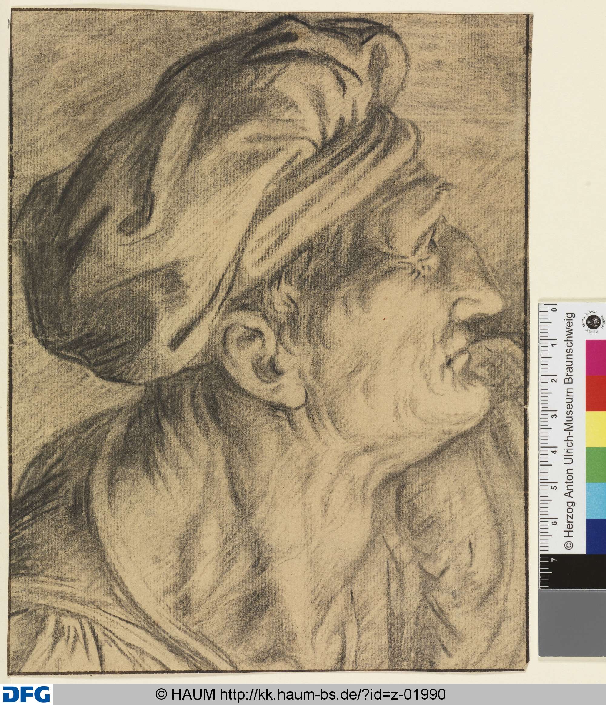 Kopf eines Alten mit Kopftuch, nach rechts, Dietrich Ernst André, 1716–1720