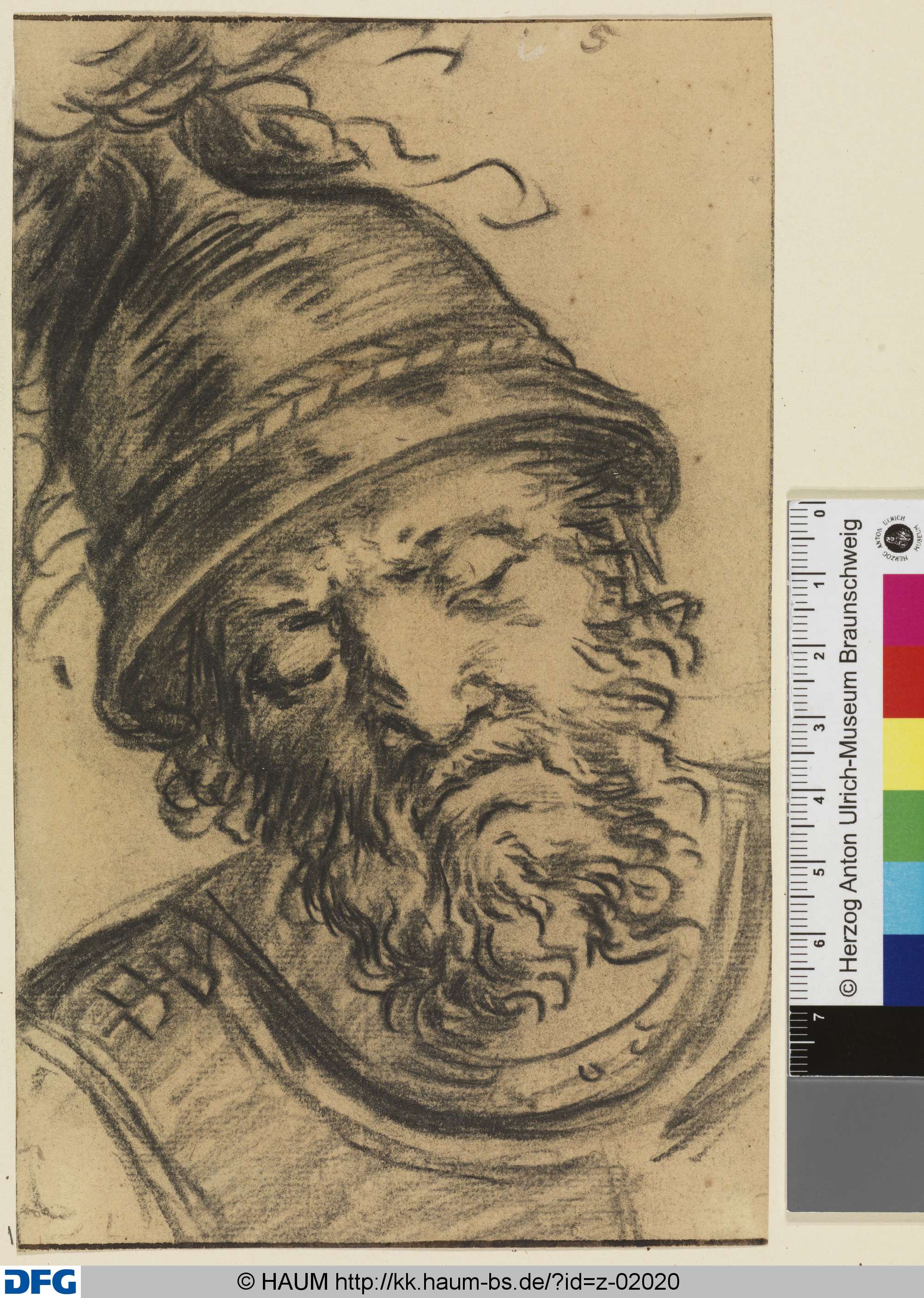 Kopf eines bärtigen antiken Soldaten mit Helm, Dietrich Ernst André, 1716–1720