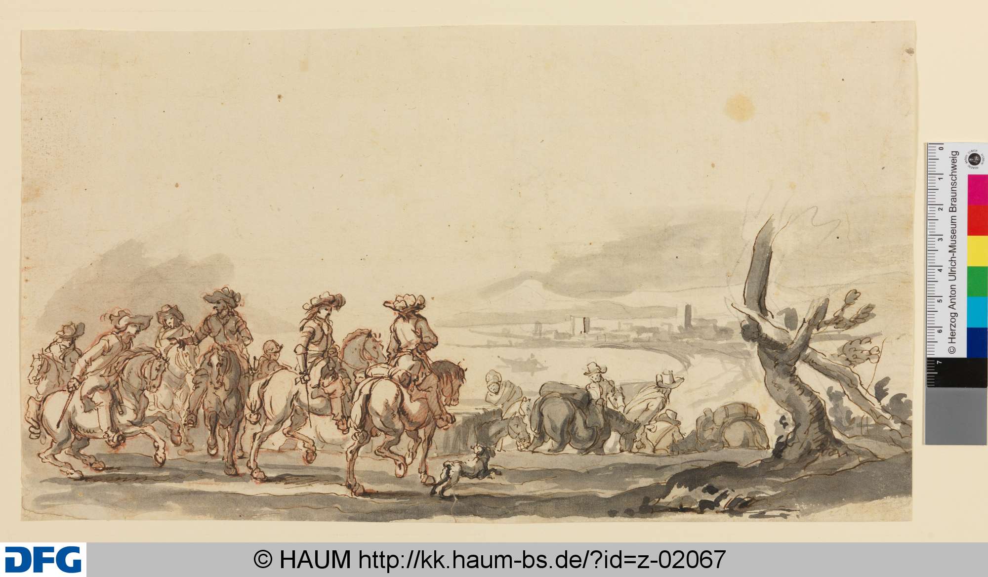 Reitergruppe auf einem erhöhten Platz, im Hintergrund Flusslauf und Ortschaft, Adam Frans van der Meulen, 1651–1690