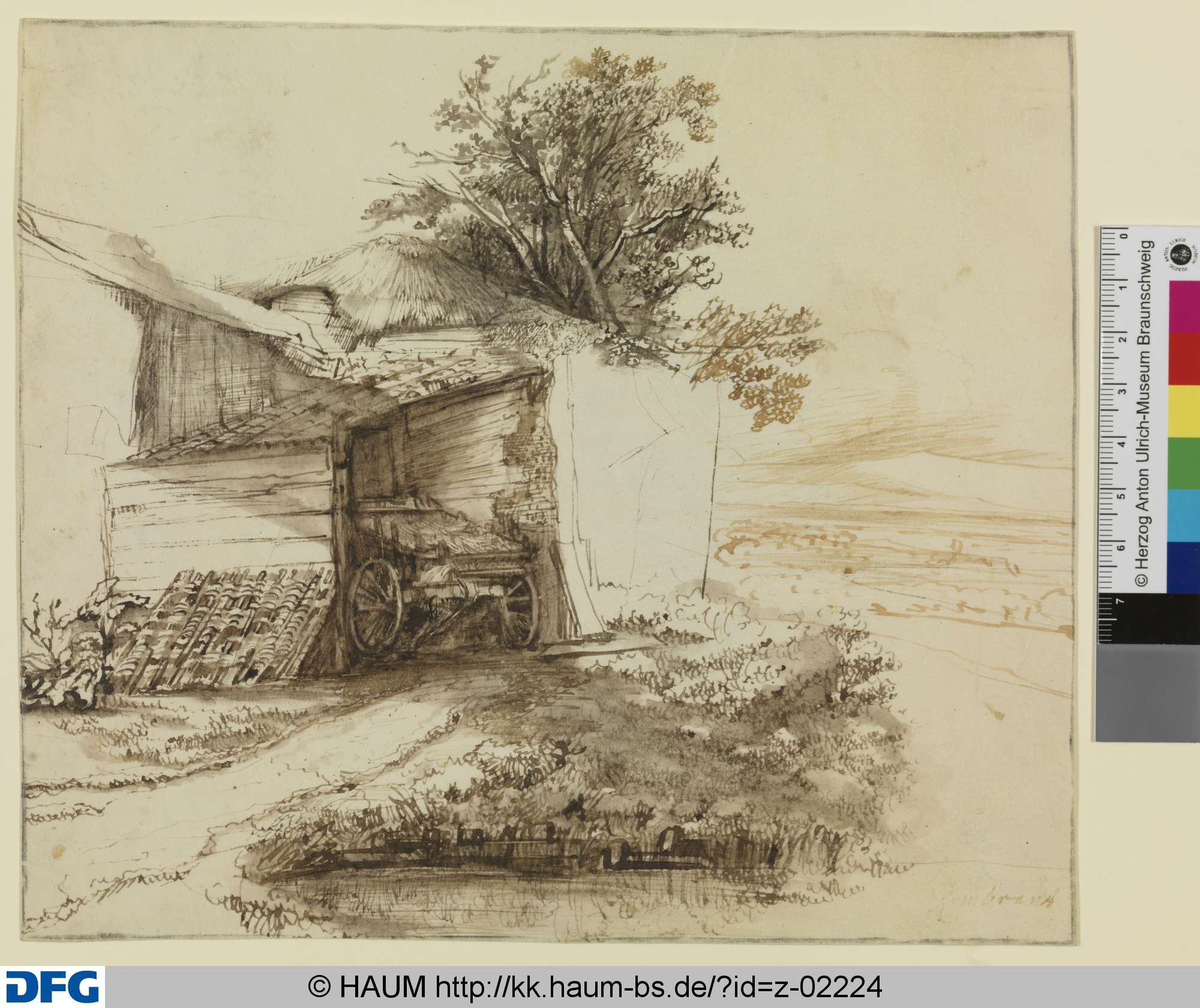 Landschaft mit Wagen in einem Schuppen, Rembrandt - Schule, 1650–1660