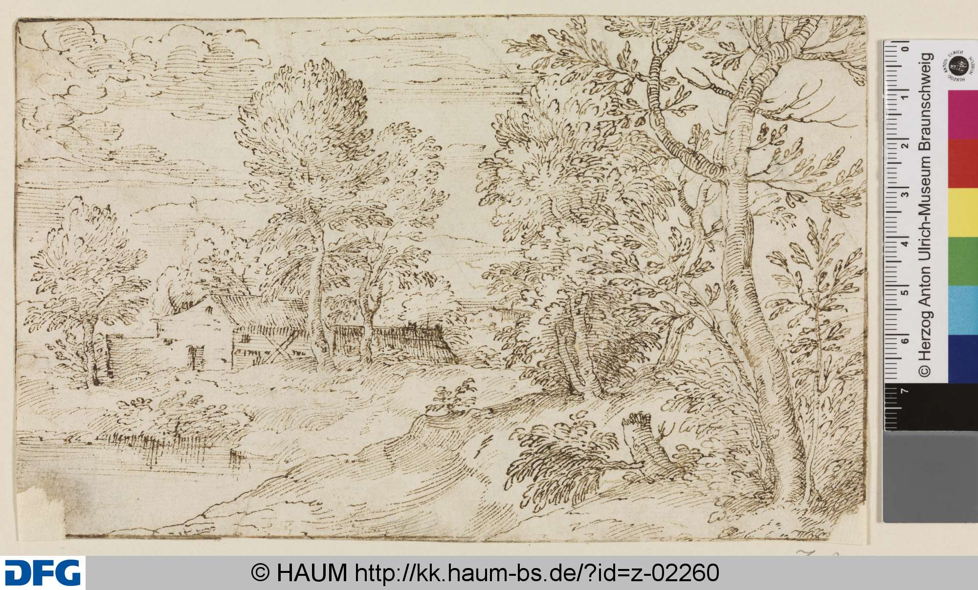 Landschaft mit Bäumen und Hütten, 0612–1570