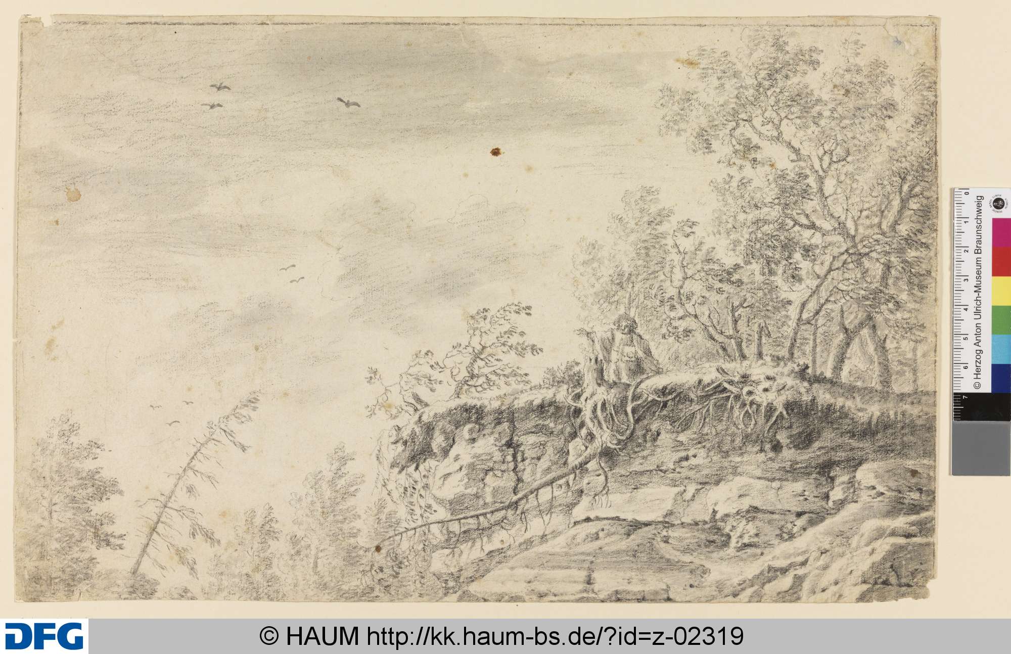 Baumlandschaft mit Mann am Rand eines Abhangs