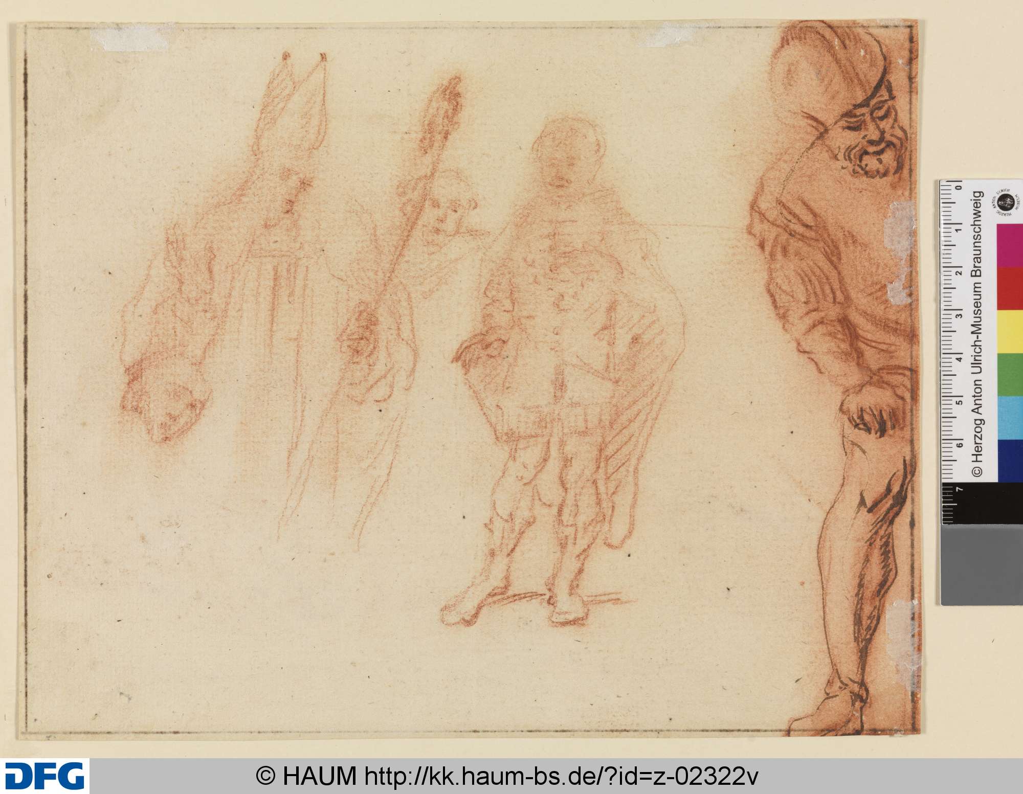 Figurenstudien, Halbfigur eines Bischofs mit Krummstab, Ganzfigur eines stehenden Mannes, zwei Kopfstudien, Studie eines gebeugt stehenden Mannes, 1665–1675