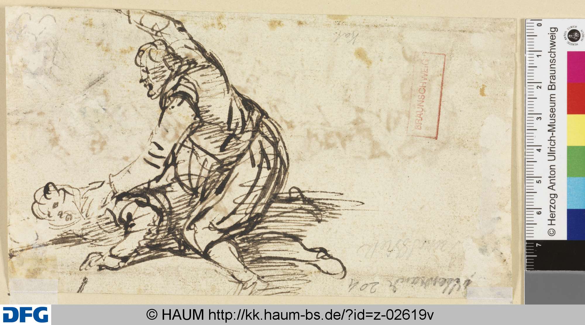 Ein am Boden liegender Mann wird von einem neben ihm Knienden geschlagen, Adam - Umkreis Elsheimer