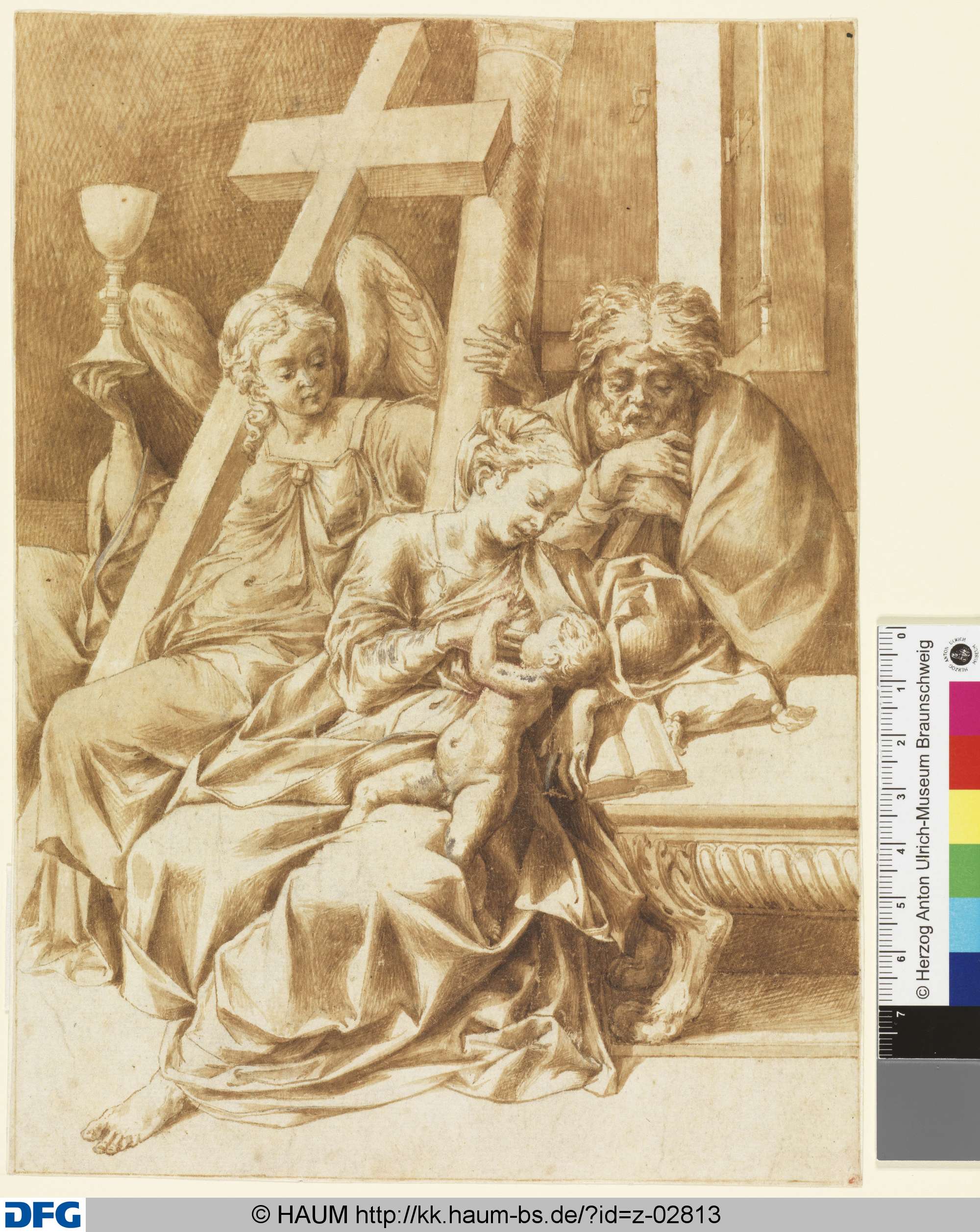 Die heilige Familie und ein Engel mit Kreuz, Kelch und Geißelsäule, Parmigianino, 16th century