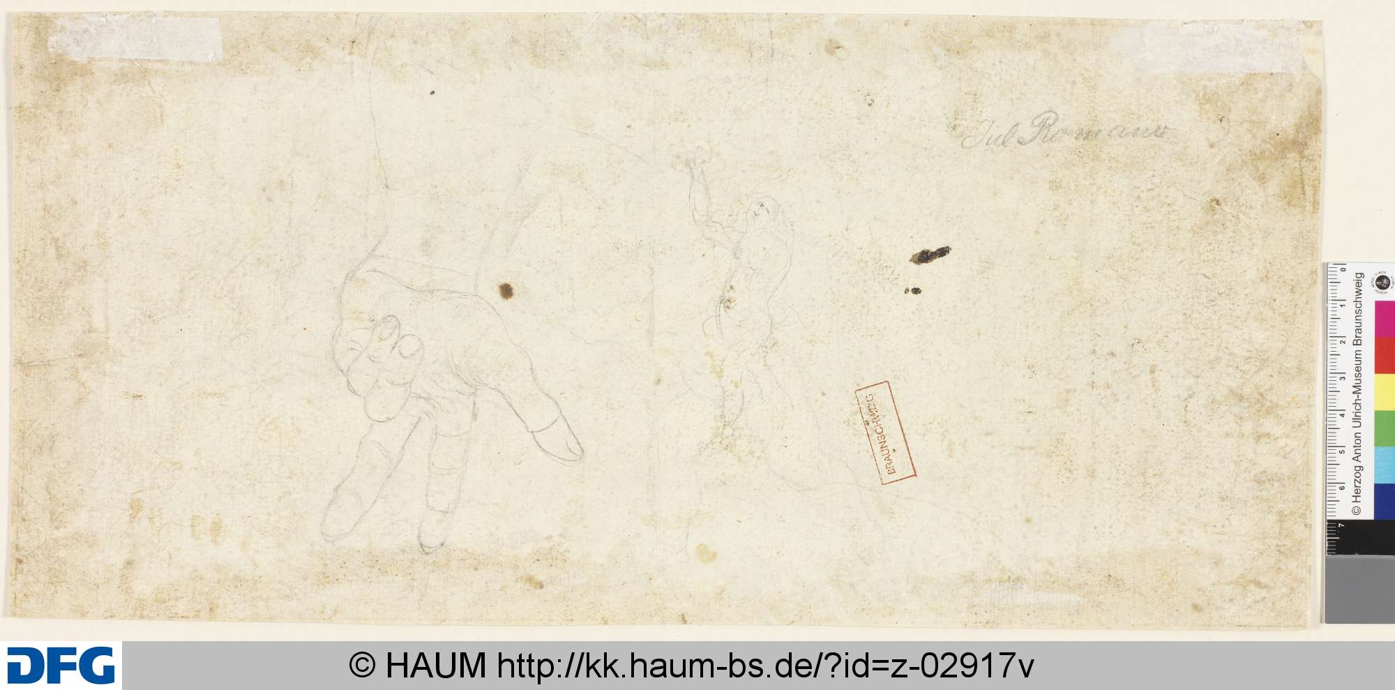 Studie einer linken Hand mit teilweise ausgestreckten Fingern; Skizze einer stehenden weiblichen Figur, Giulio Romano, 16th century