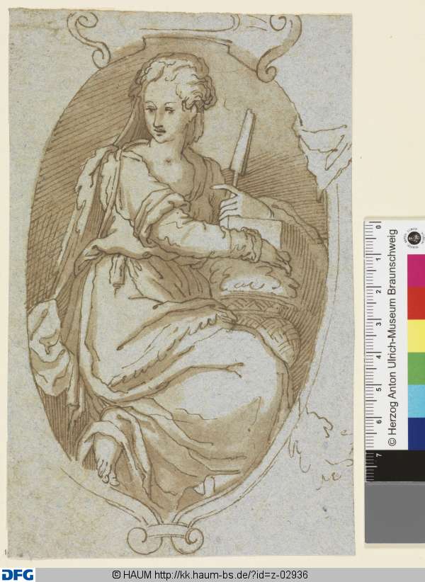 Allegorische Figur mit Korb und Spindel? in hochovaler Kartusche, Giorgio Vasari, 16th century