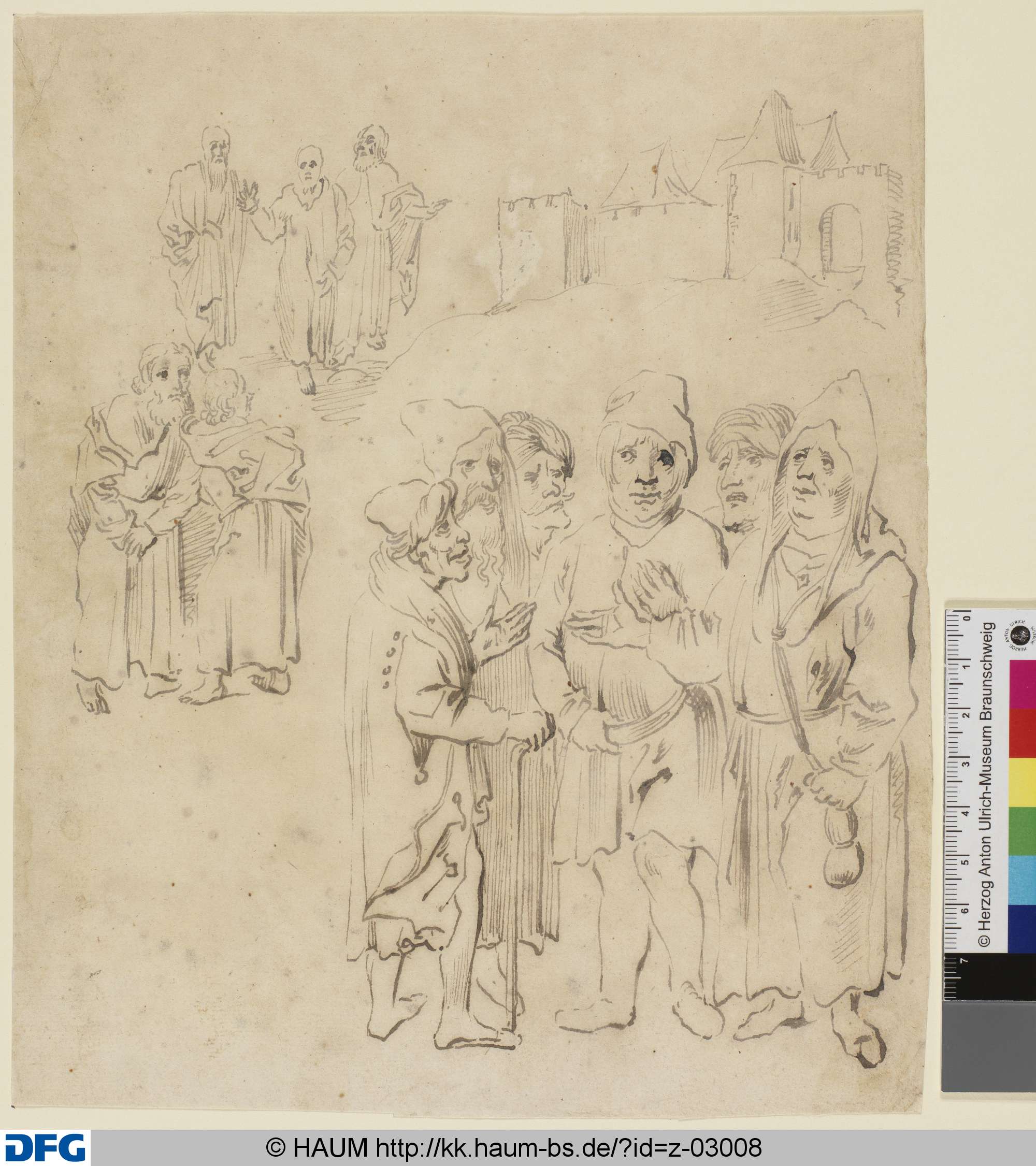 Drei Gruppen stehender Männer im Gespräch, rechts im Hintergrund eine befestigte Stadt, 1601–1615