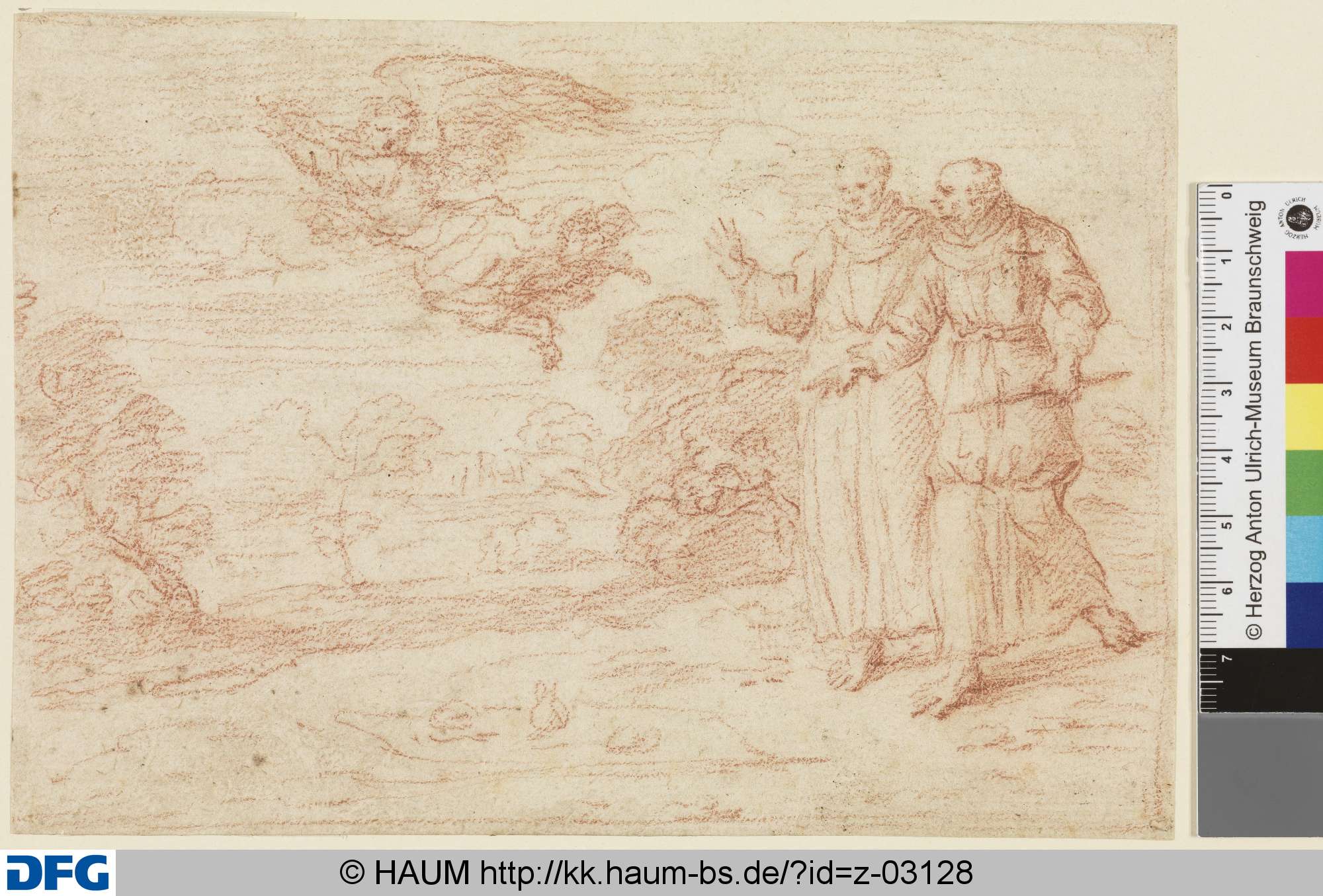 Zwei wandernde Mönche, denen ein Engel vorausfliegt, 17th century