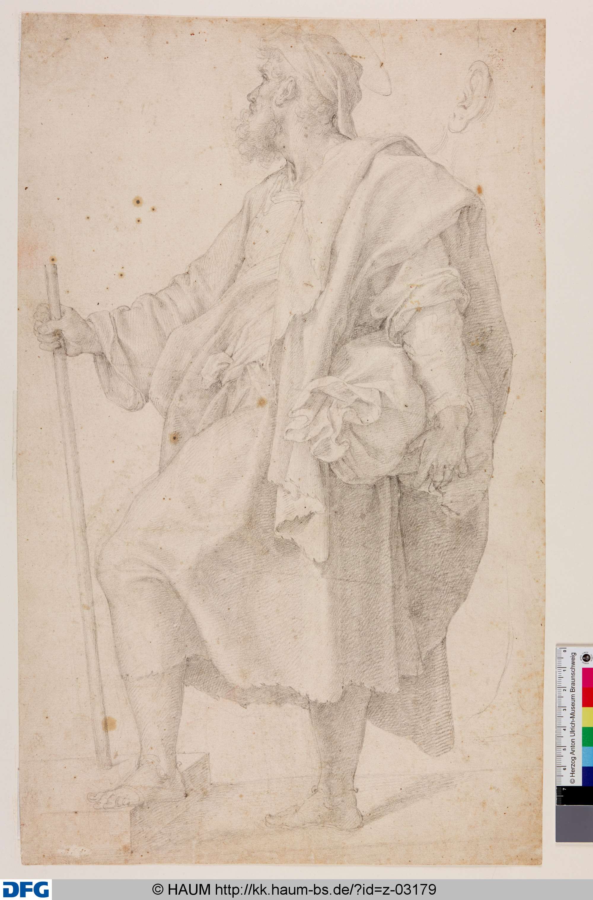 Bärtiger Apostel nach links schreitend; Ohrstudie, 17th century