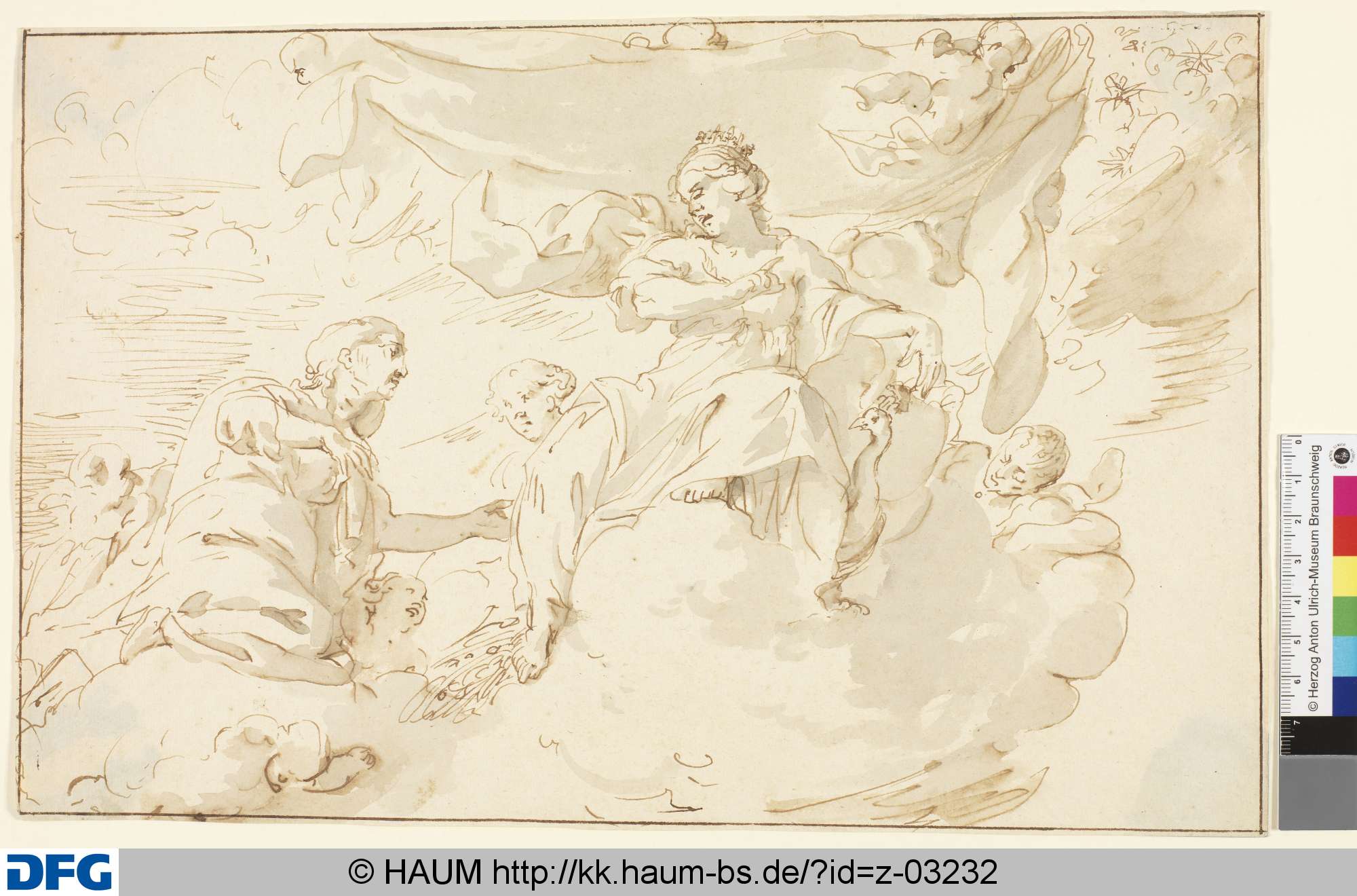Juno auf Wolken thronend, links von ihr bittende Kniende; Putten halten eine Vorhang über Juno, 18th century