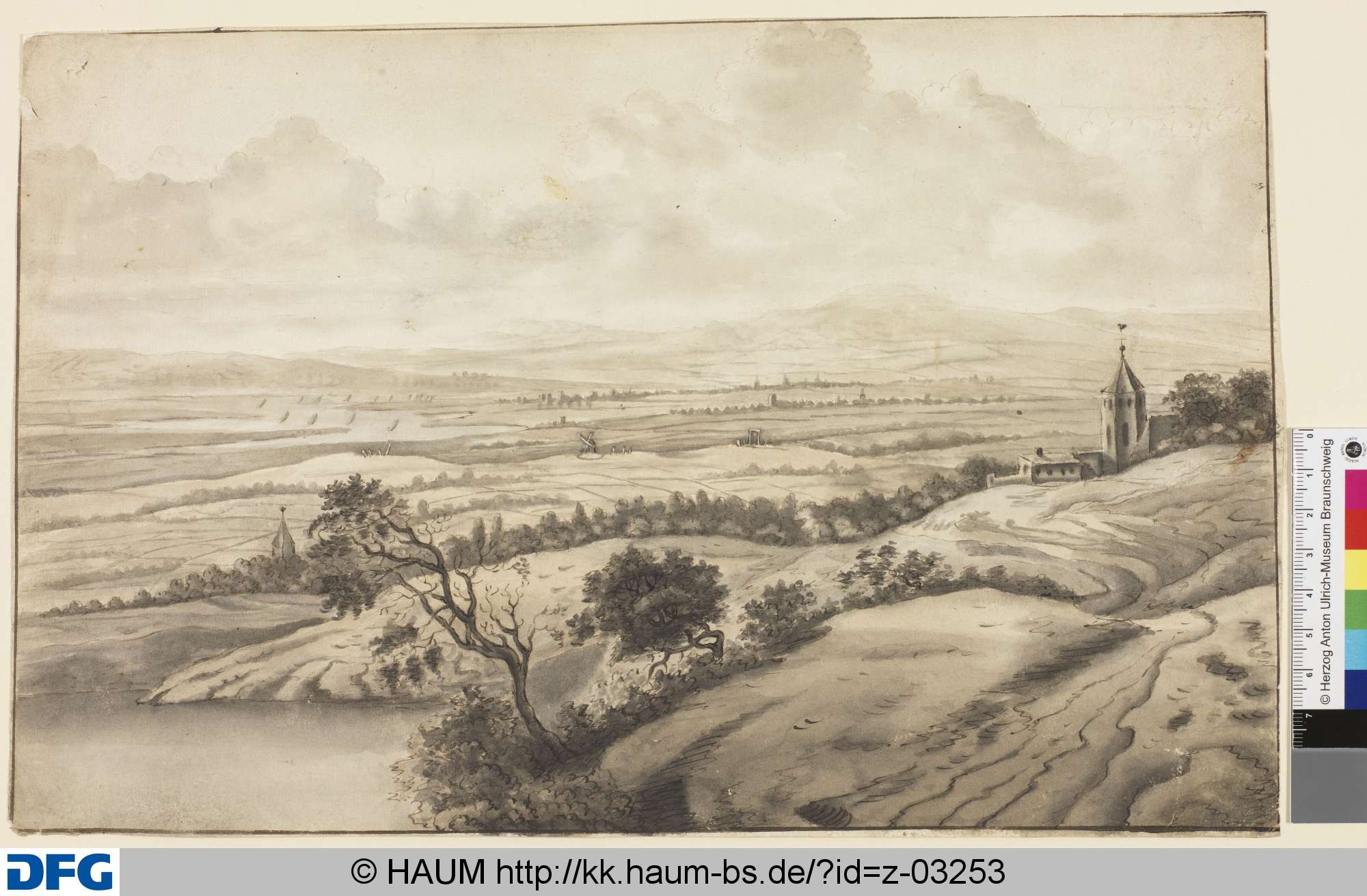 Flach wellige Landschaft mit Blick auf eine Bergkette (Harz?), 17th century