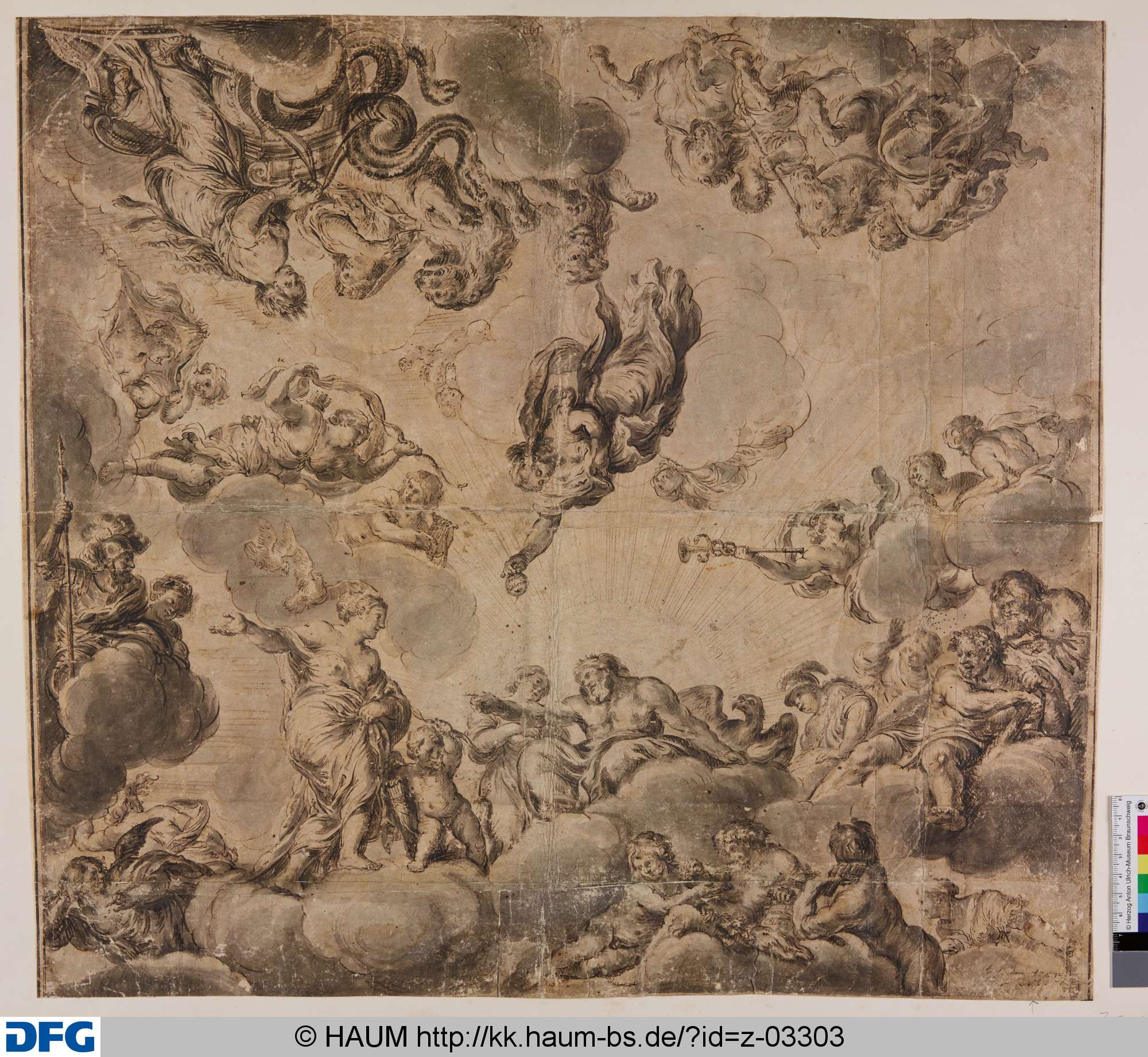 Entwurf zu einem Deckengemälde: Venus mit Amor vor Jupiter und Eris, die den Apfel der Schönsten reicht, 17th century