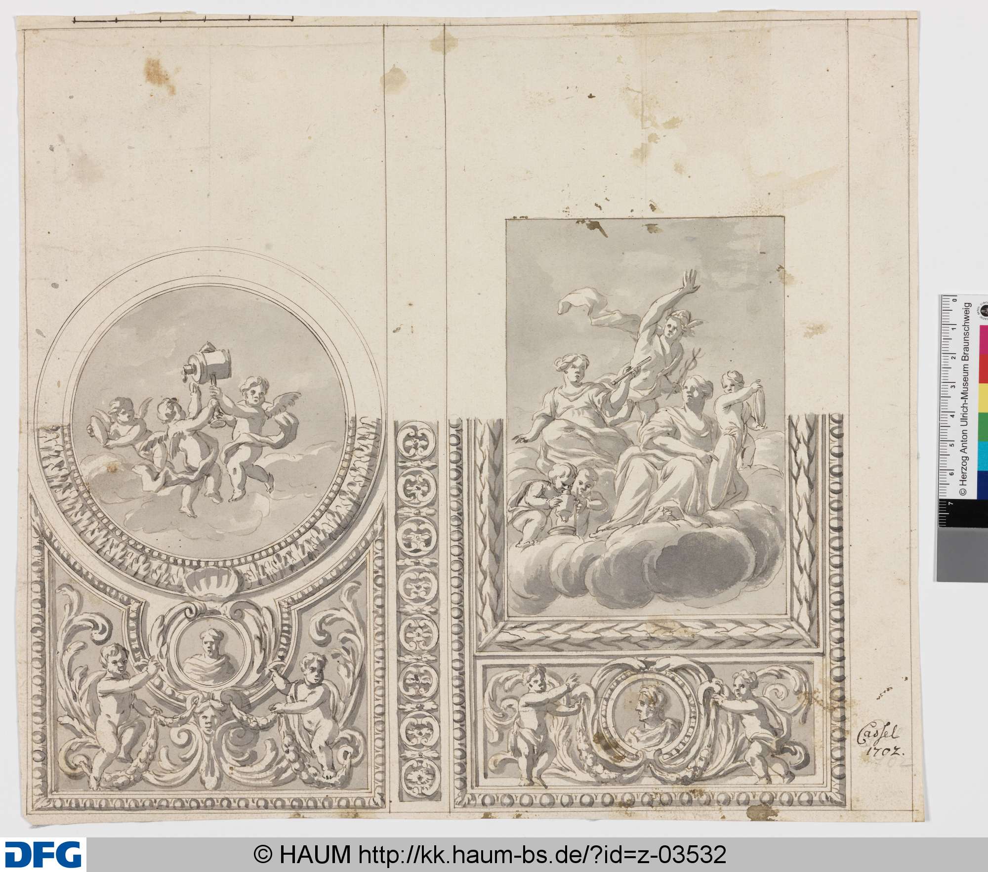 Kassel, Kunsthaus: Entwurf für Wandmalerei im Optischen Kabinett: Zwei Hochfüllungen mit Putten und Sitzfiguren beim Gebrauch optischer Instrumente, Johann Oswald Harms, 1702