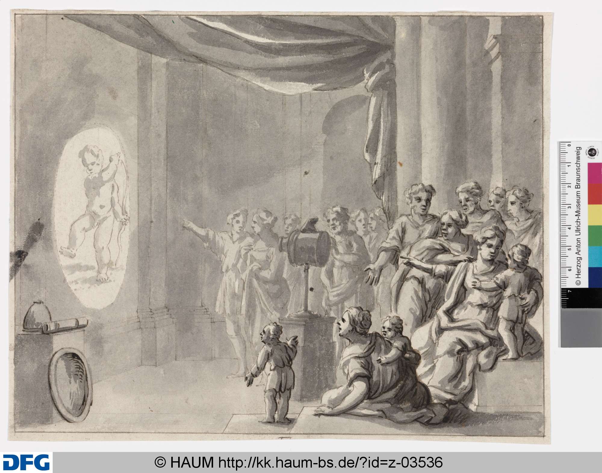 Kassel, Kunsthaus: Entwurf für ein Wandgemälde im Optischen Kabinett: Vorführung mit einer Laterna Magica vor vielen Zuschauern, Johann Oswald Harms, 1703