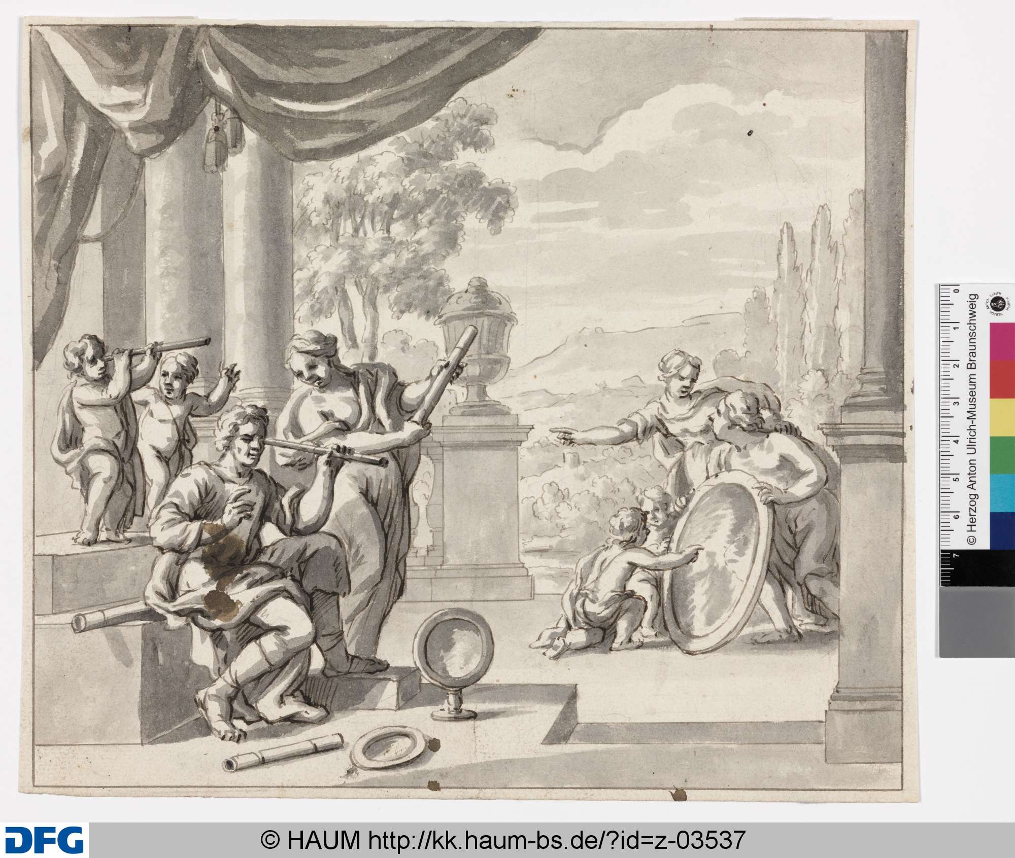 Kassel, Kunsthaus: Entwurf für ein Wandgemälde im Optischen Kabinett: Optische Instrumente werden von Männern, Frauen und Putten auf der Terrasse eines Palasts erprobt, Johann Oswald Harms, 1703