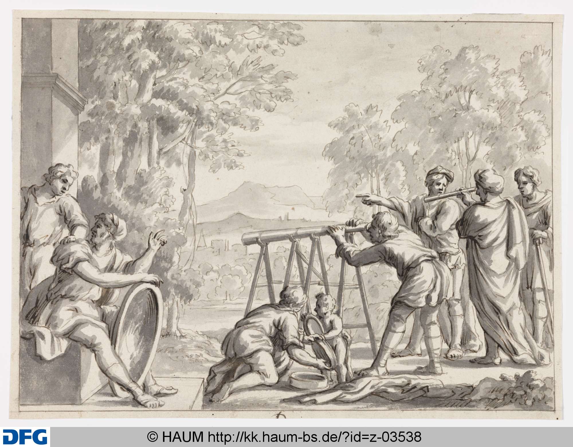 Kassel, Kunsthaus: Entwurf für ein Wandgemälde im Optischen Kabinett: Männer und Frauen mit optischen Geräten vor waldiger Berglandschaft, darunter ein Mann mit einem auf vier Stützen ruhenden Fernrohr, Johann Oswald Harms, 1703
