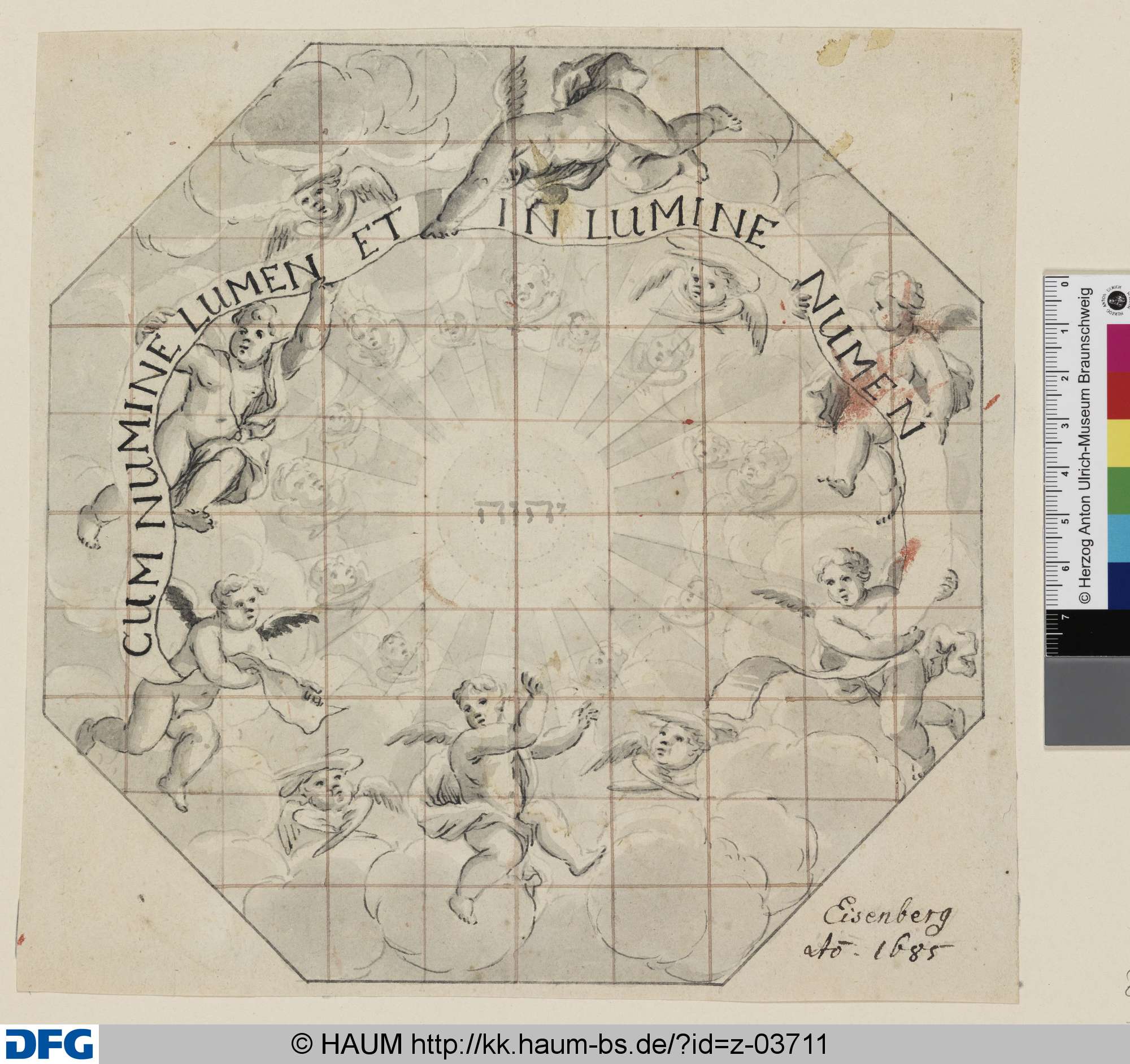 Eisenberg: Entwurf zu einem achteckigen Deckengemälde: Der Name Jehovahs in Strahlen umgeben von Putten mit Spruchband, Johann Oswald Harms, 1685