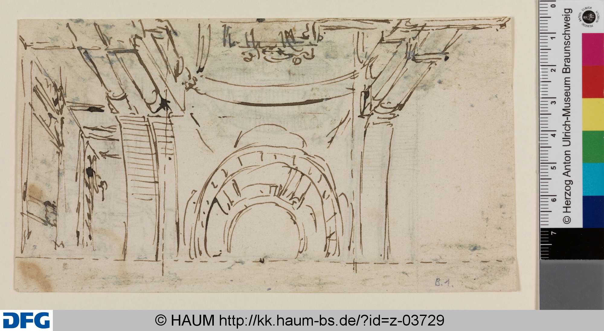Entwurfsskizze zu einem rechteckigen Deckengemälde: Halbentwurf einer Scheinarchitektur mit Arkadenbögen und nach oben offener Kuppel, Johann Oswald Harms, 1686–1693